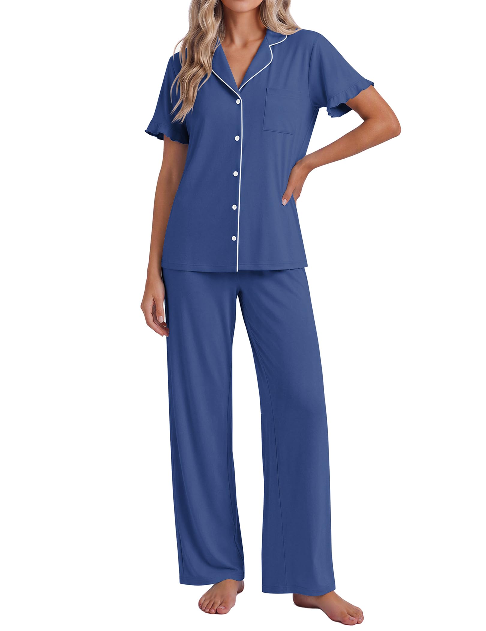 Ekouaer Pajamas for Women Set Button Up Soft Pjs Short Sleeve Lounge Sets