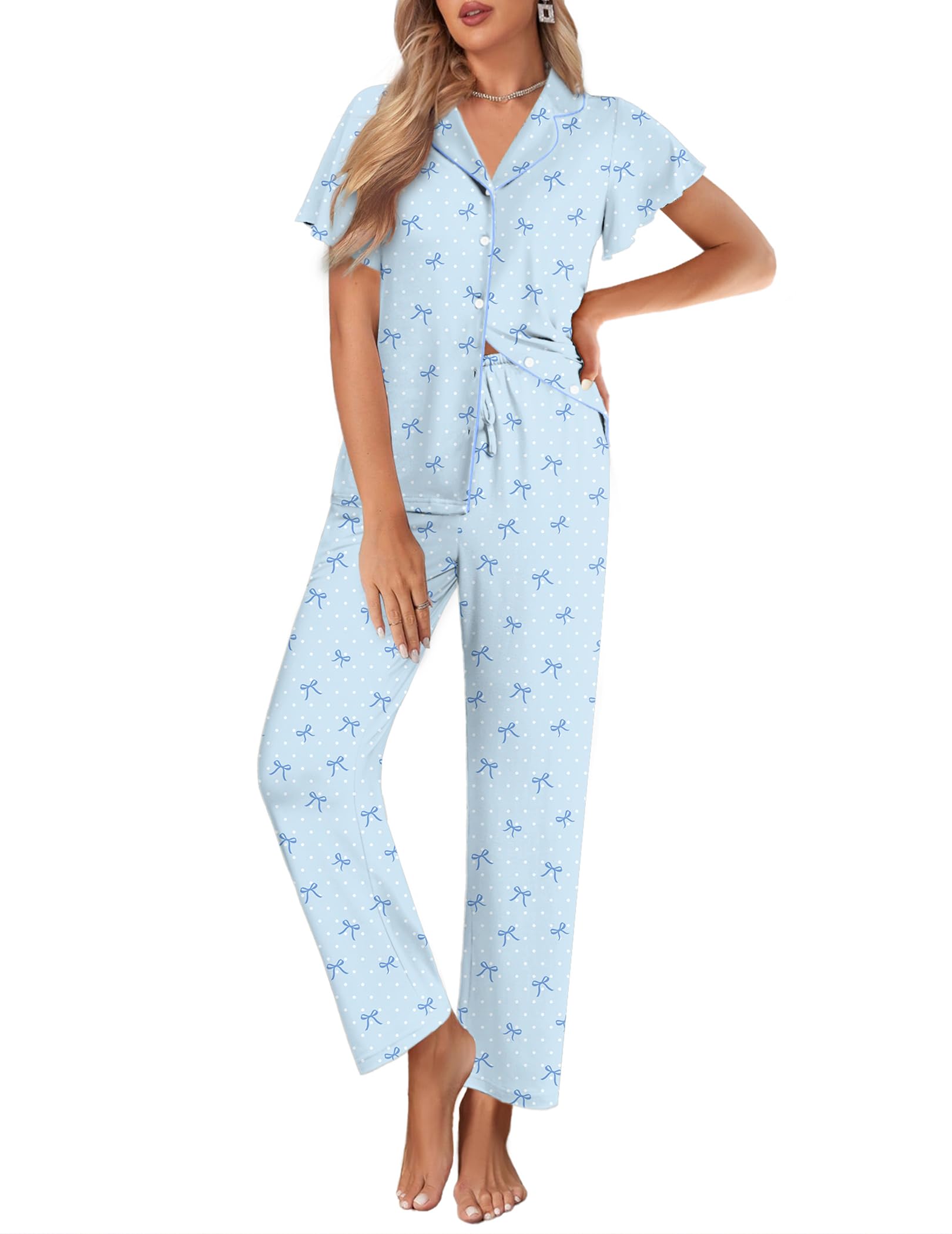 Ekouaer Pajamas for Women Set Ruffle Sleeve Button Up with Long Pants