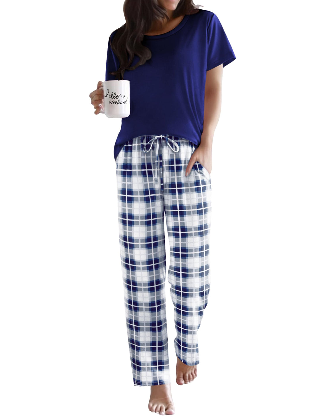 Ekouaer Womens Pajamas Sets Round Neck Pjs Loose Lounge Sets Sleepwear