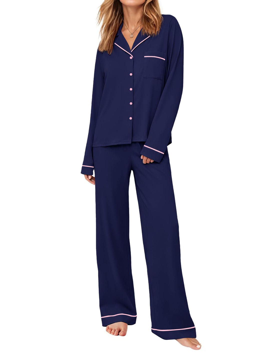 Ekouaer Womens Pajama Sets Long Sleeve Button Down Lounge Sets with Pockets