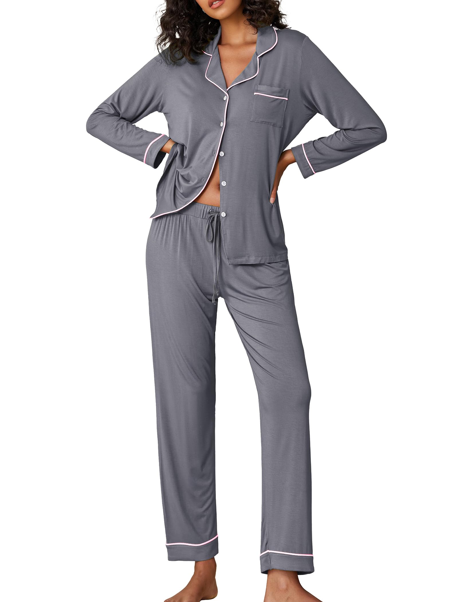 Ekouaer Women's Classic Long Sleeve Button Down Pajama Set