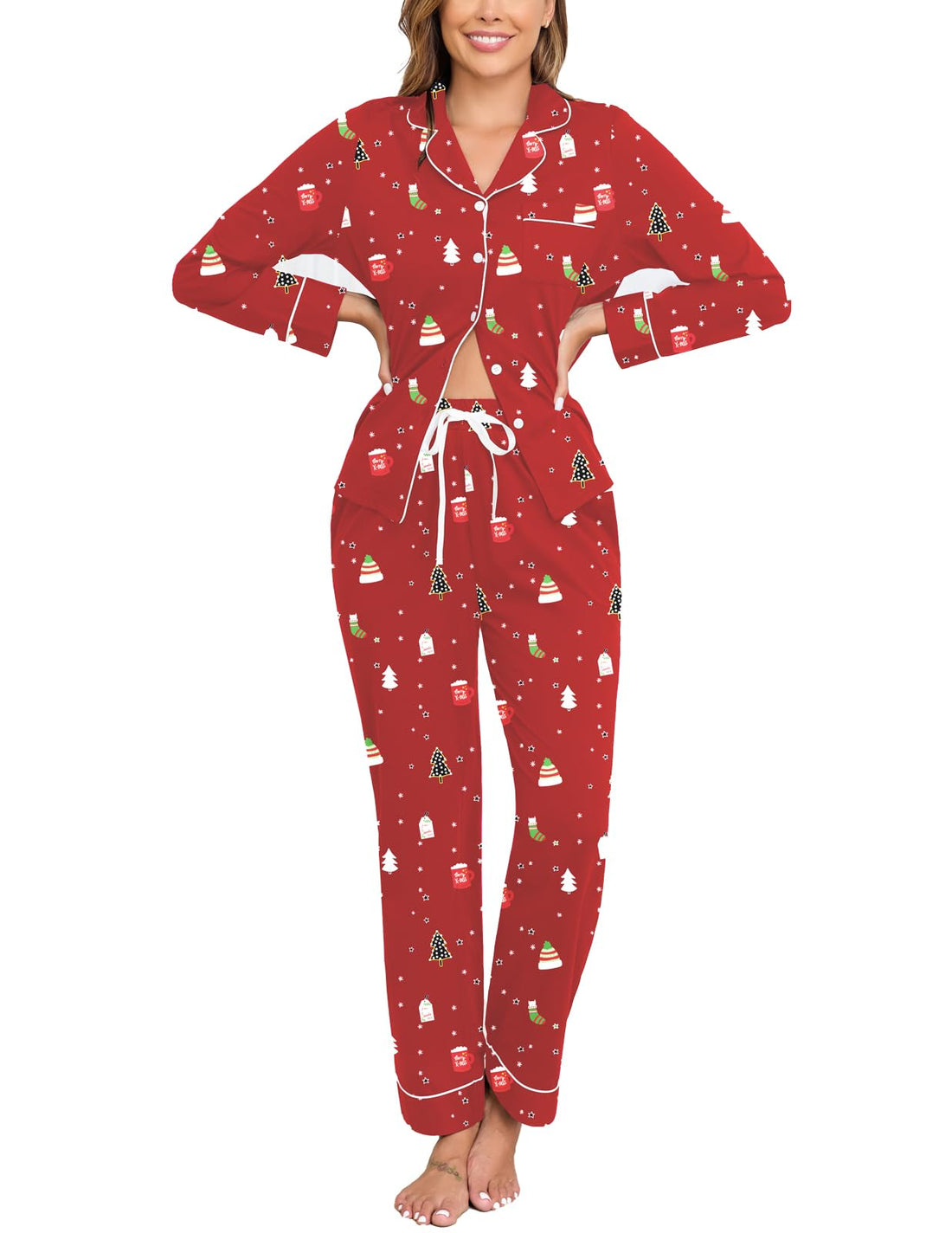 Veseacky 100% Cotton Women's Pajama Set Long Sleeve Button Down Sleepwear Soft Pjs Lounge Sets Nightwear Pjs XS-XXL