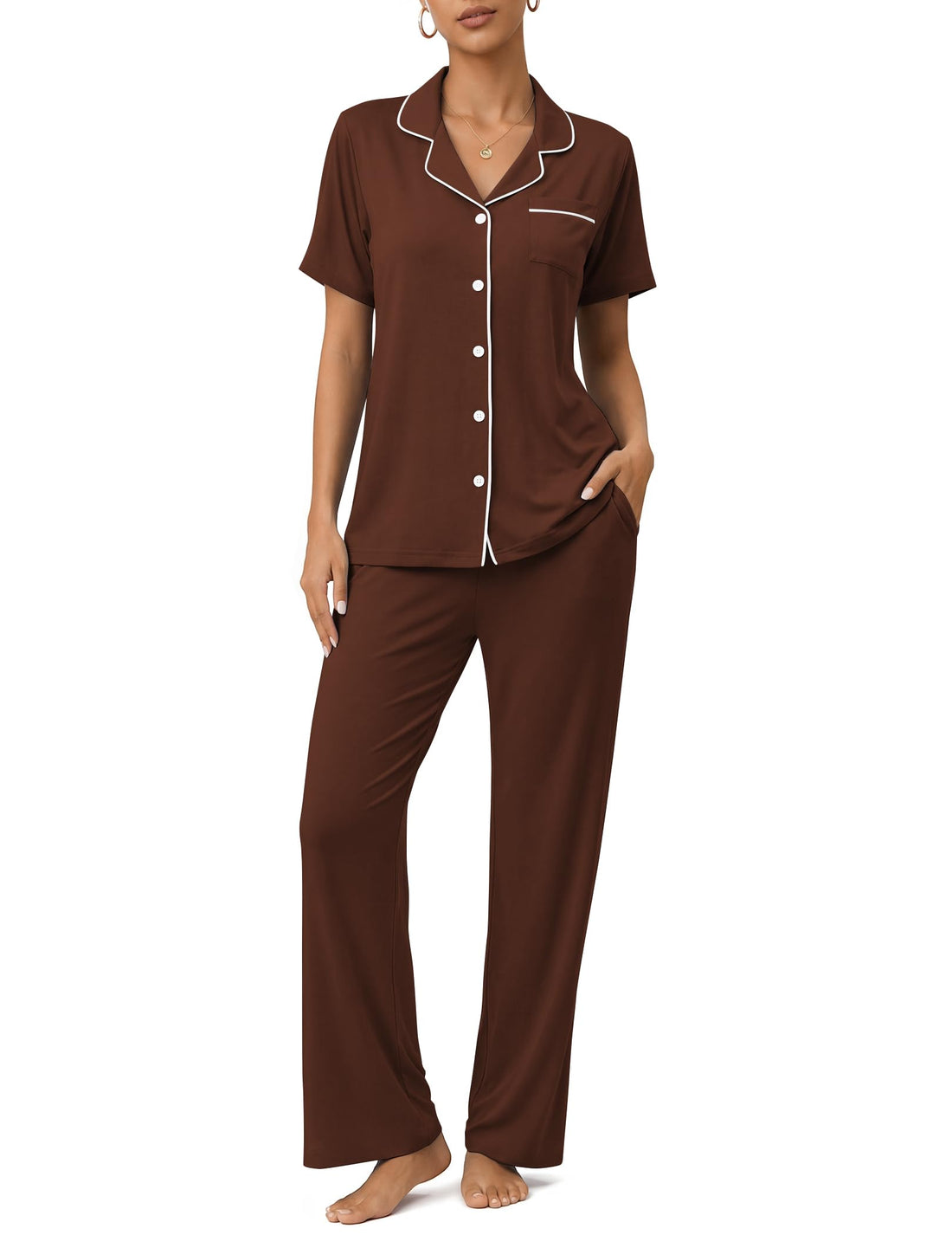 Womens Pajamas Sets 2 Piece Button Up Pj Sets Short Sleeve with Long Pant