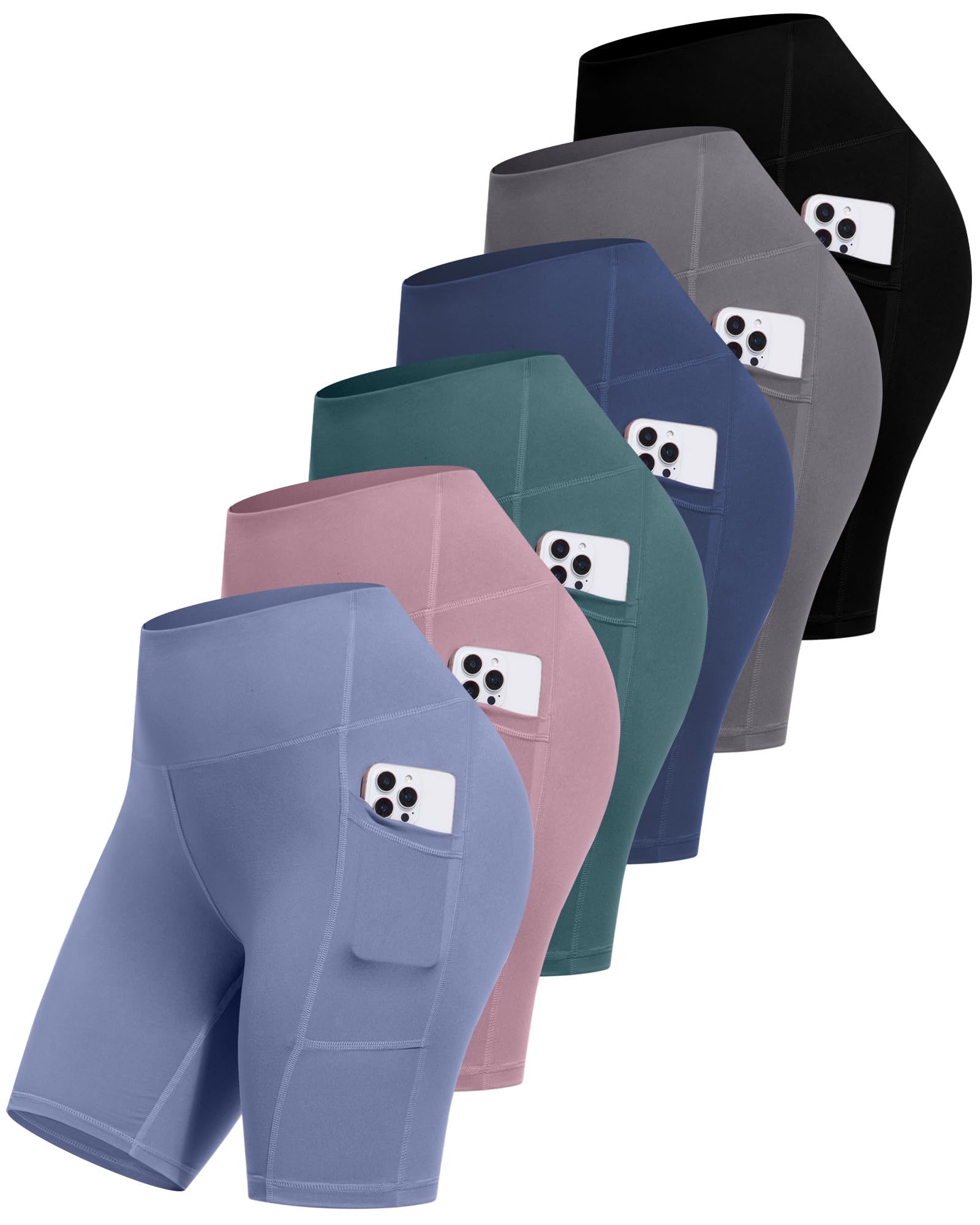 CHRLEISURE 6 Packs Womens Biker Shorts with Pocket, 5 Inch High Waisted Tummy Control Spandex Yoga Workout Shorts
