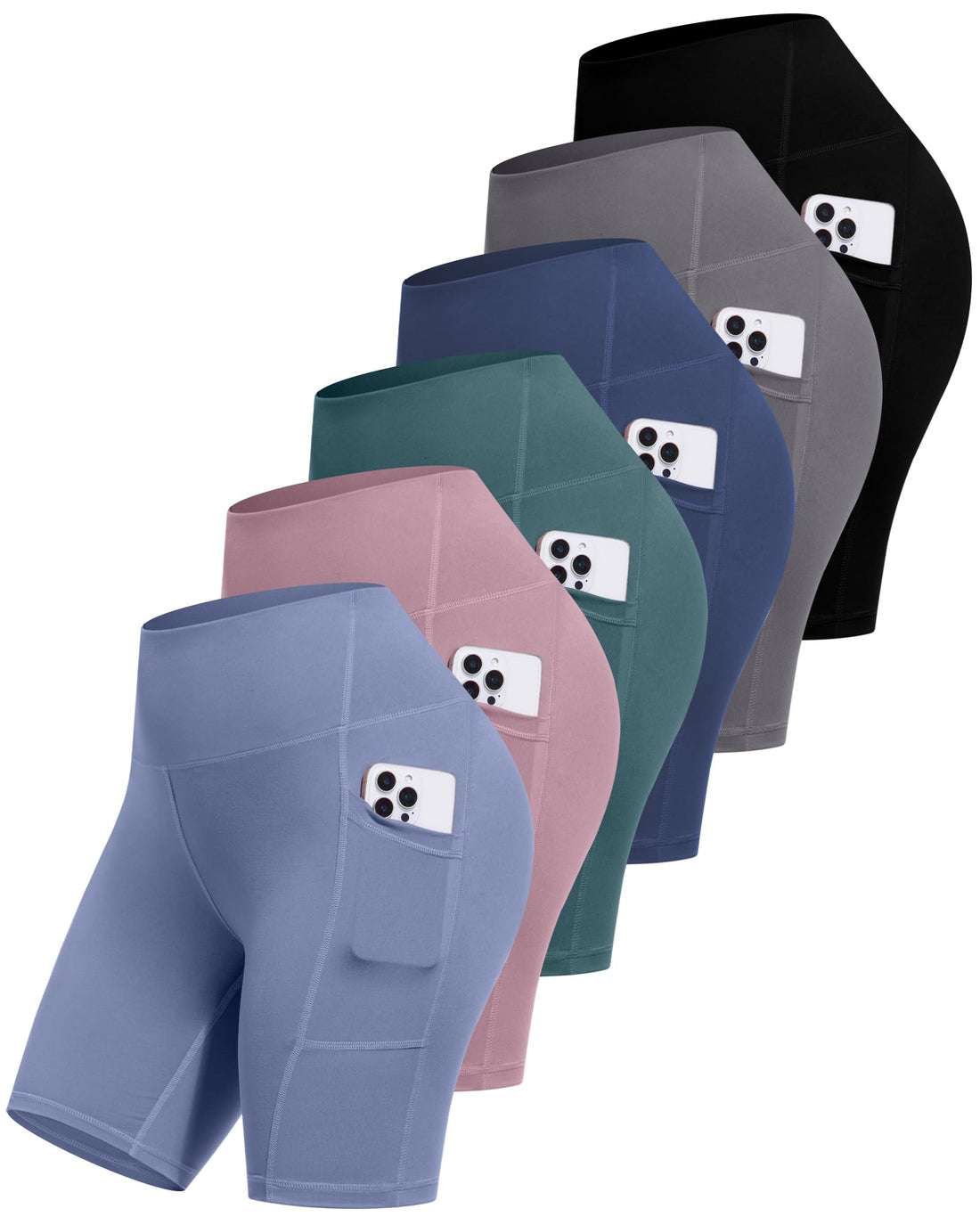 CHRLEISURE 6 Packs Womens Biker Shorts with Pocket, 5 Inch High Waisted Tummy Control Spandex Yoga Workout Shorts