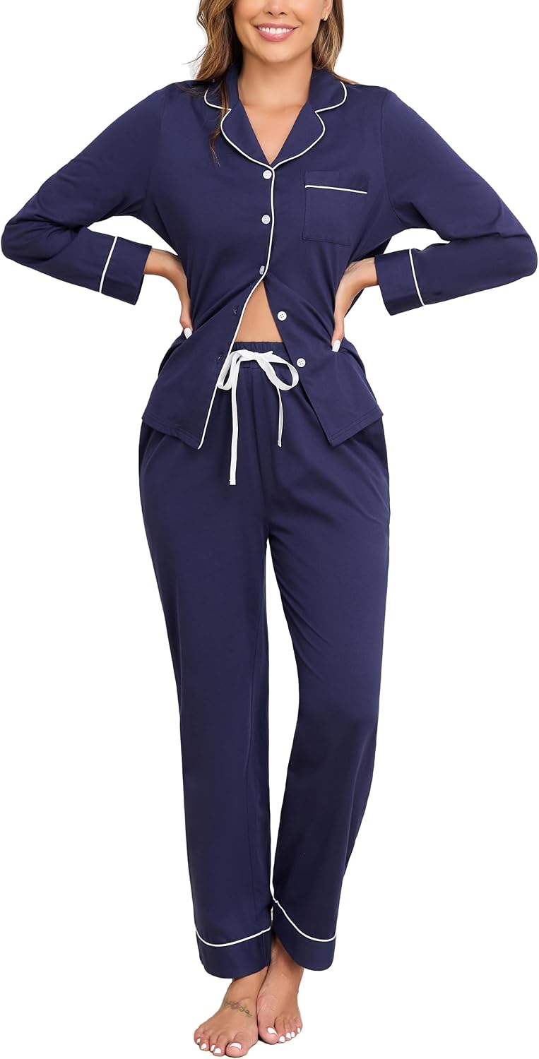 Veseacky 100% Cotton Women's Pajama Set Long Sleeve Button Down Sleepwear Soft Pjs Lounge Sets Nightwear Pjs XS-XXL