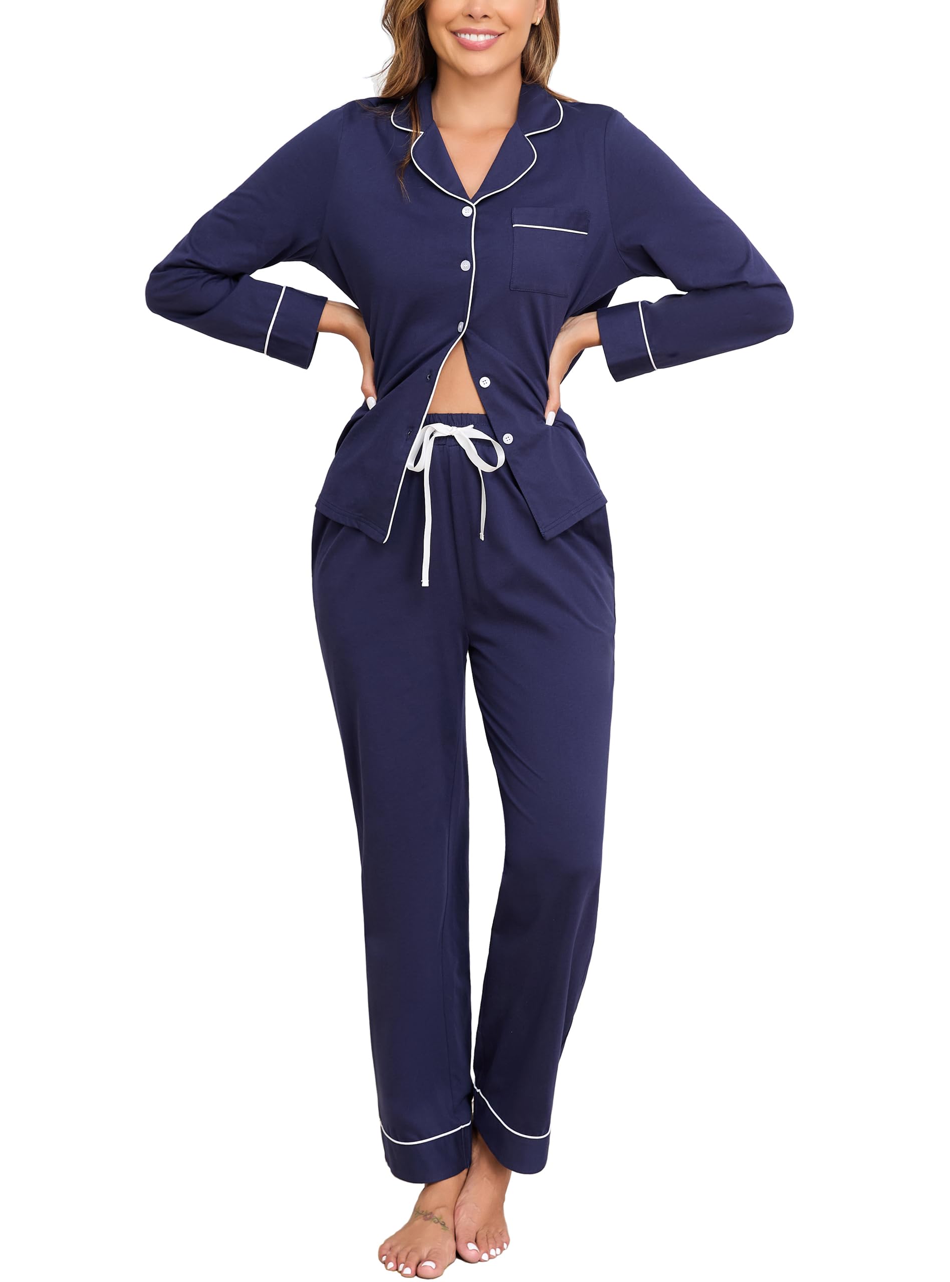 Veseacky 100% Cotton Women's Pajama Set Long Sleeve Button Down Sleepwear Soft Pjs Lounge Sets Nightwear Pjs XS-XXL