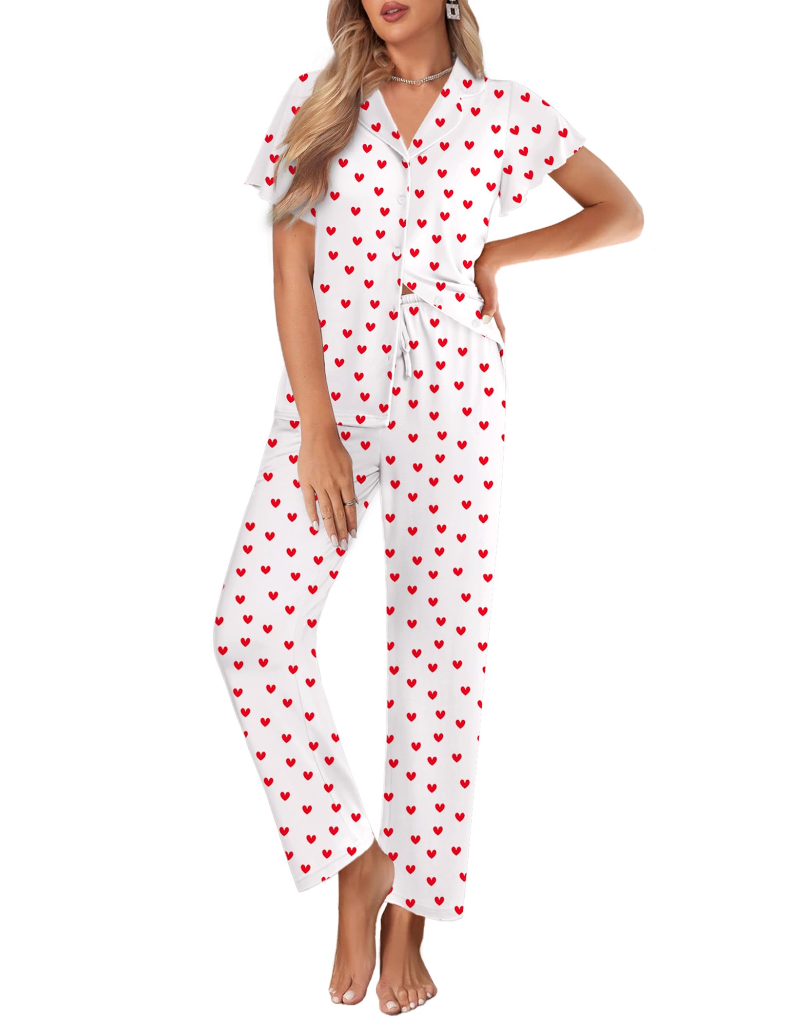 Ekouaer Pajamas for Women Set Ruffle Sleeve Button Up with Long Pants