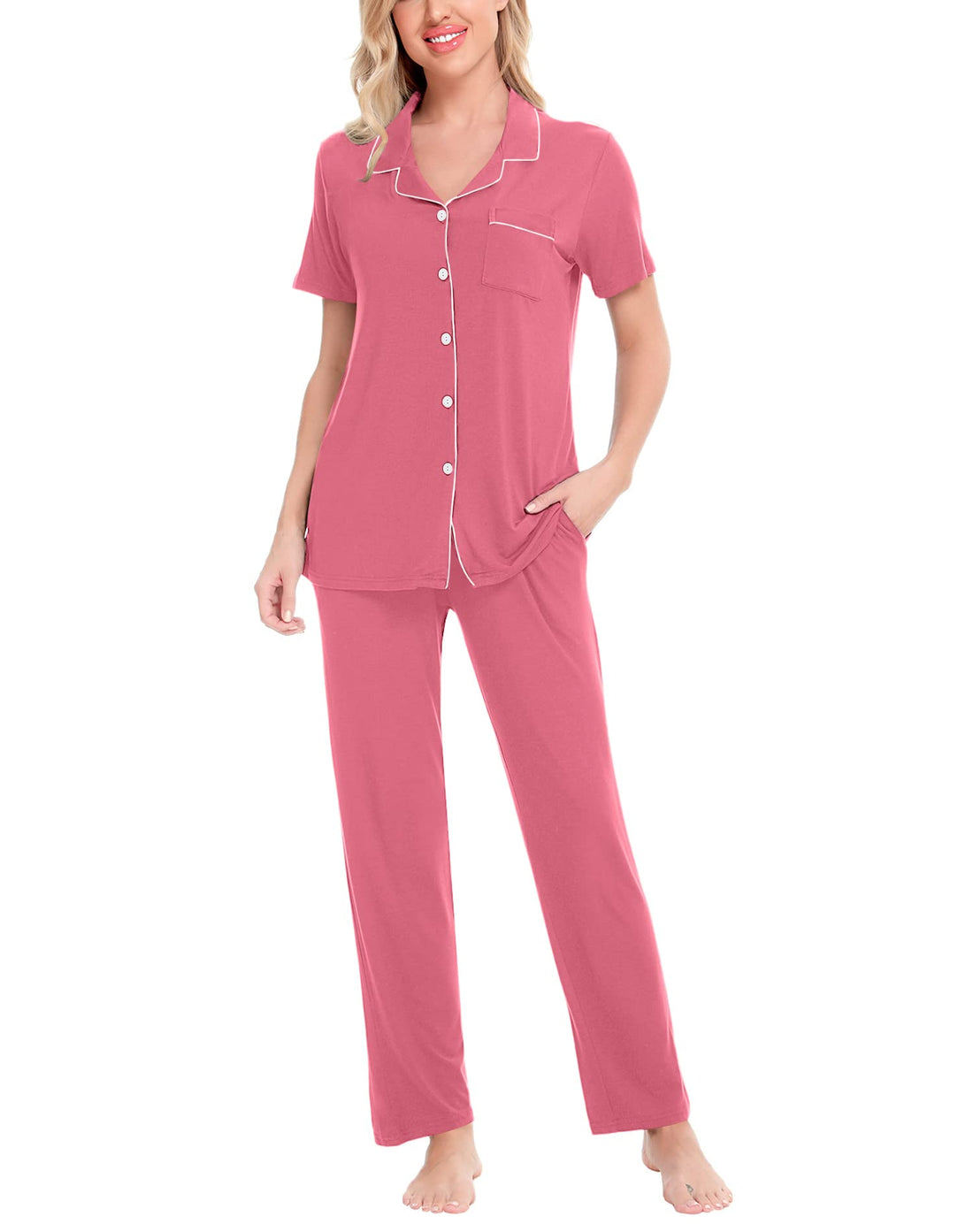SWOMOG Women Pajama Sets Two-Piece Nightwear Short Sleeve Sleepwear Button Down Pj Lounge Sets with Long Pants
