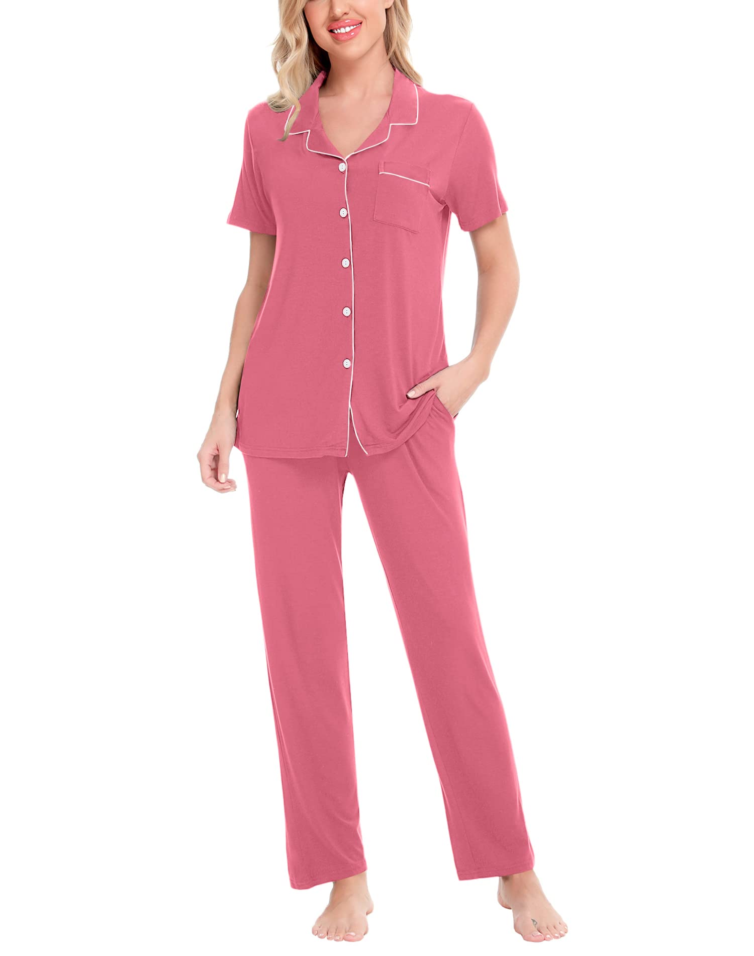 SWOMOG Women Pajama Sets Two-Piece Nightwear Short Sleeve Sleepwear Button Down Pj Lounge Sets with Long Pants