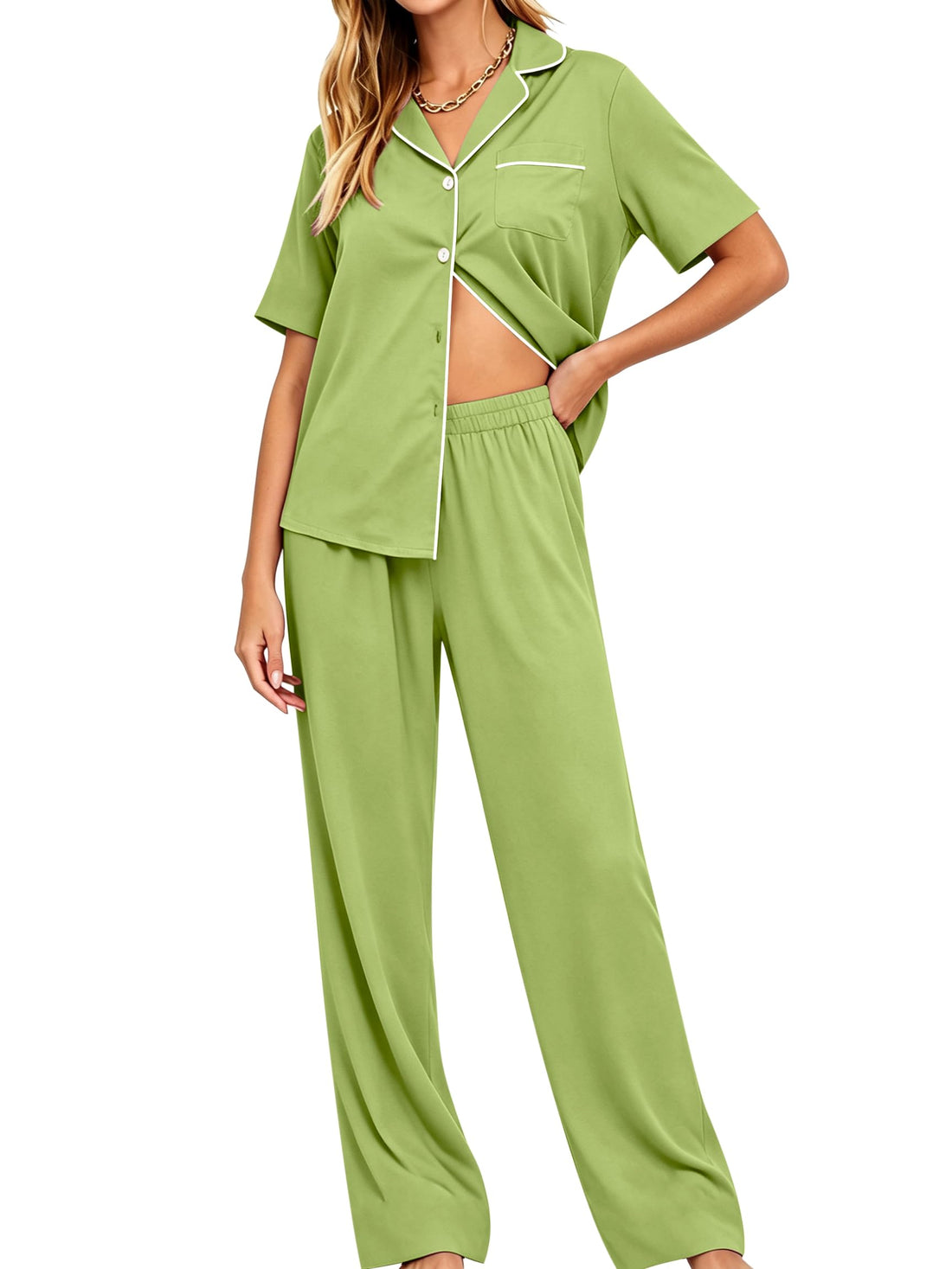 SWOMOG Women Pajama Sets Two-Piece Nightwear Short Sleeve Sleepwear Button Down Pj Lounge Sets with Long Pants