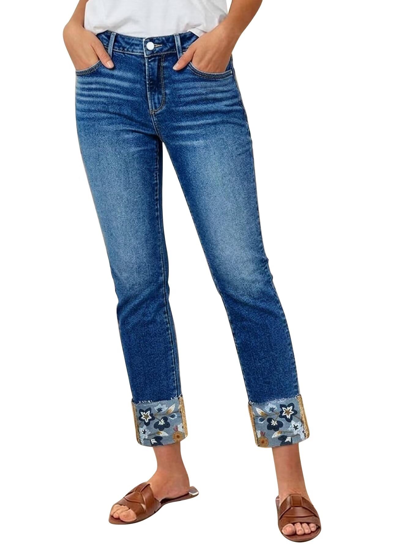 Flamingals Straight Leg Cropped Jeans for Women Trendy Mid Rise Stretchy Tribal Embroidery Raw Hem Ankle Jeans