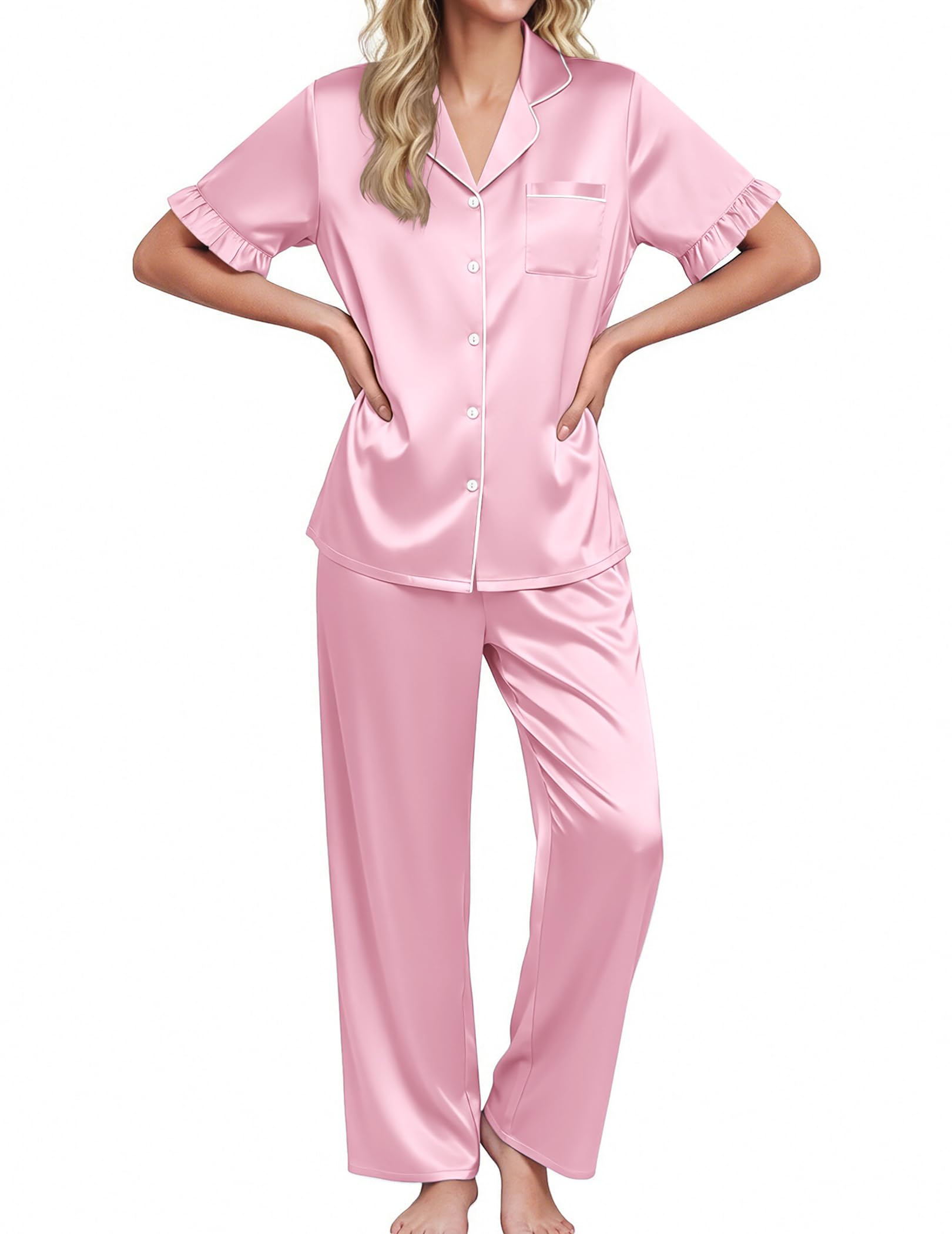 Ekouaer Silk Satin Pajamas for Women Set 2 Piece Short Sleeve Button Up Pjs