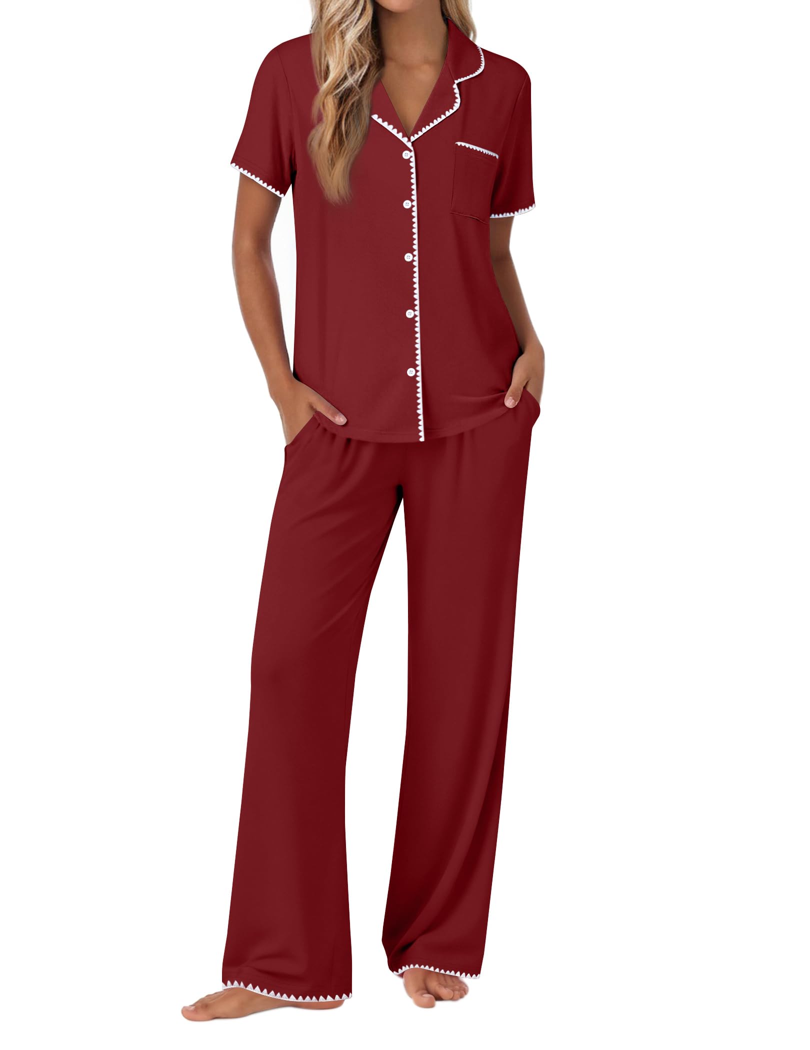 Ekouaer Pajamas for Women Set Button Up Soft Pjs Short Sleeve Lounge Sets