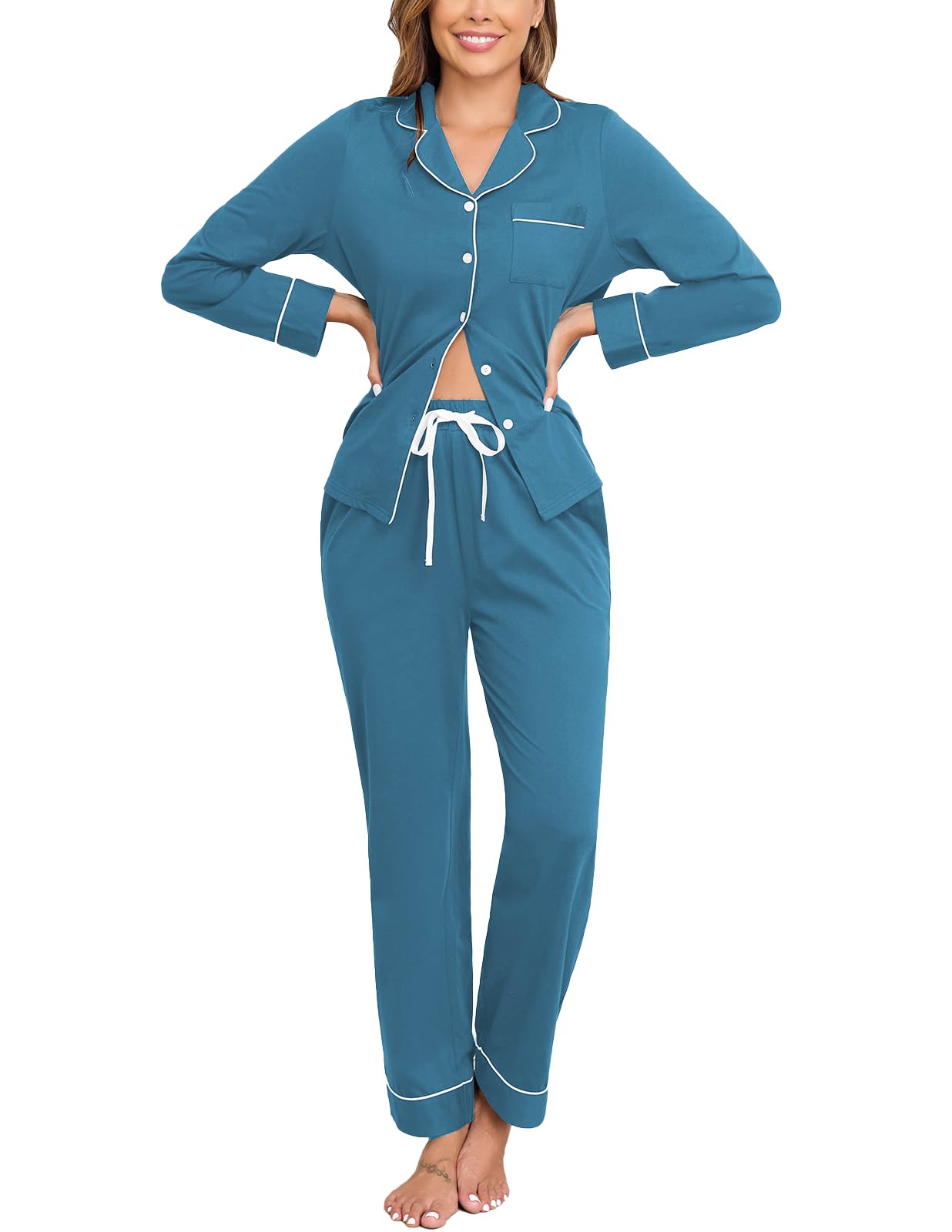 Veseacky 100% Cotton Women's Pajama Set Long Sleeve Button Down Sleepwear Soft Pjs Lounge Sets Nightwear Pjs XS-XXL