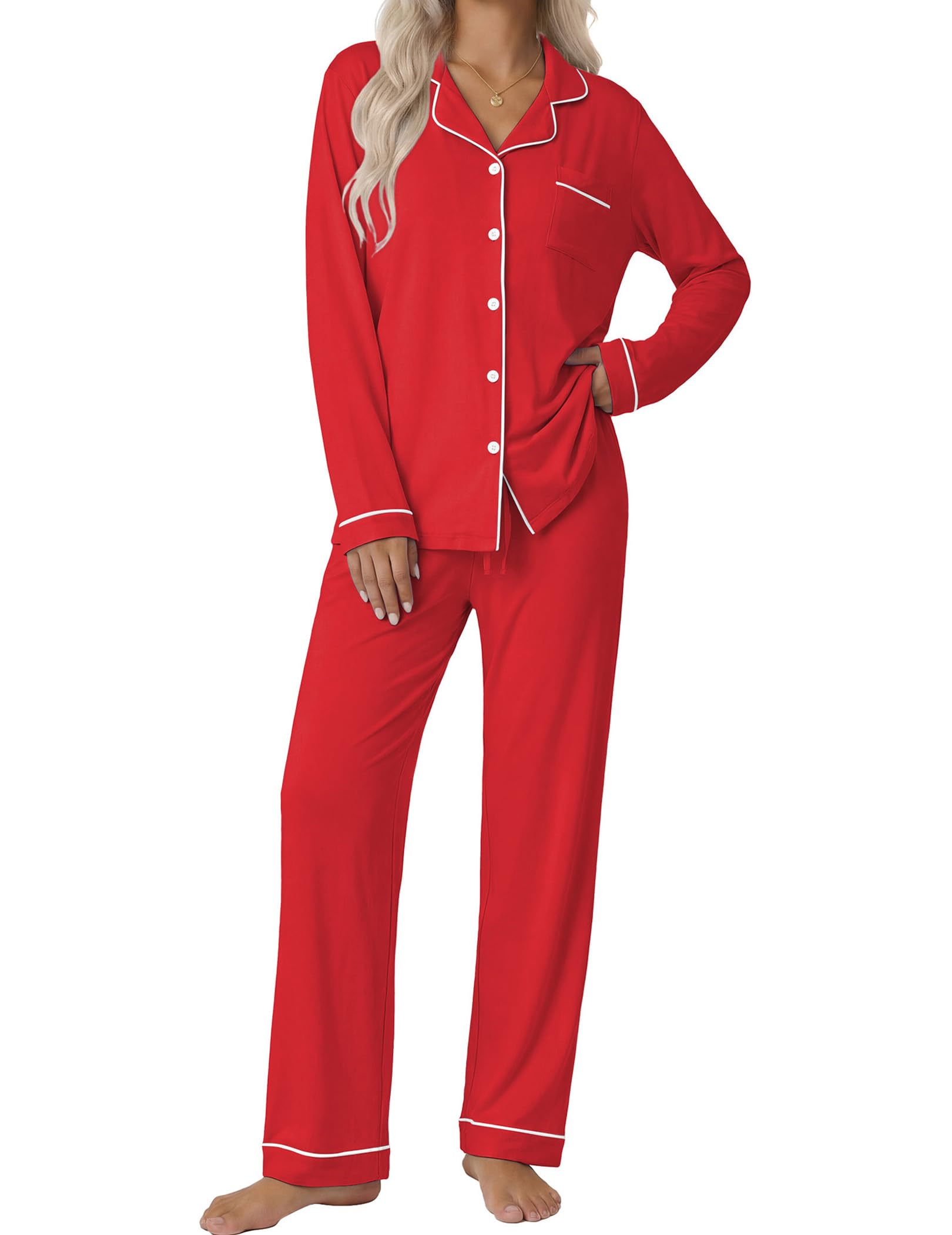 Ekouaer Women's Classic Long Sleeve Button Down Pajama Set