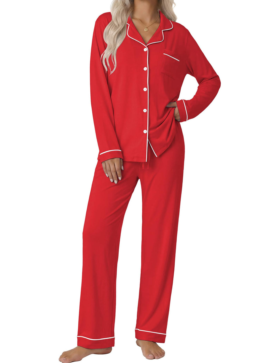 Ekouaer Women's Classic Long Sleeve Button Down Pajama Set