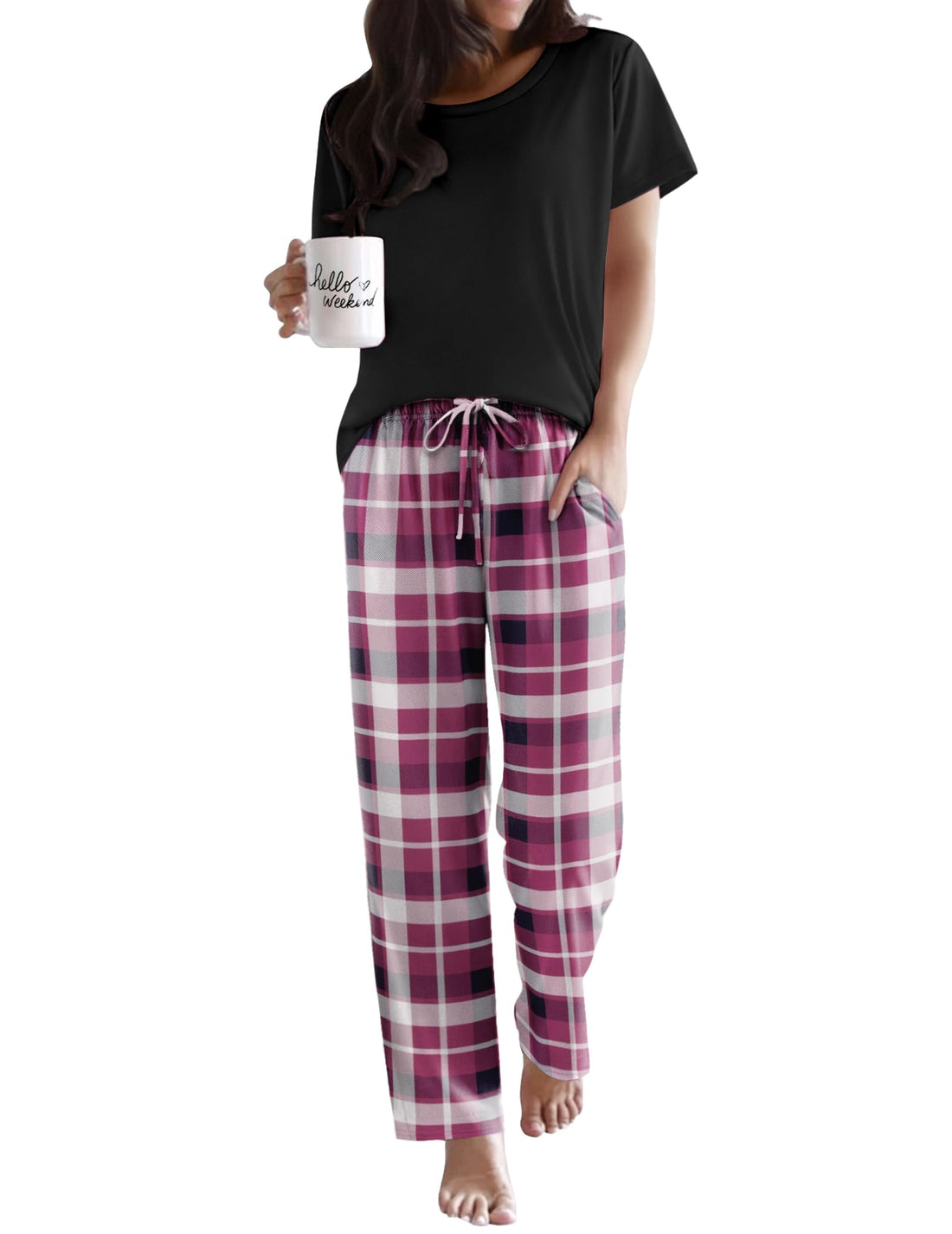 Ekouaer Womens Pajamas Sets Round Neck Pjs Loose Lounge Sets Sleepwear