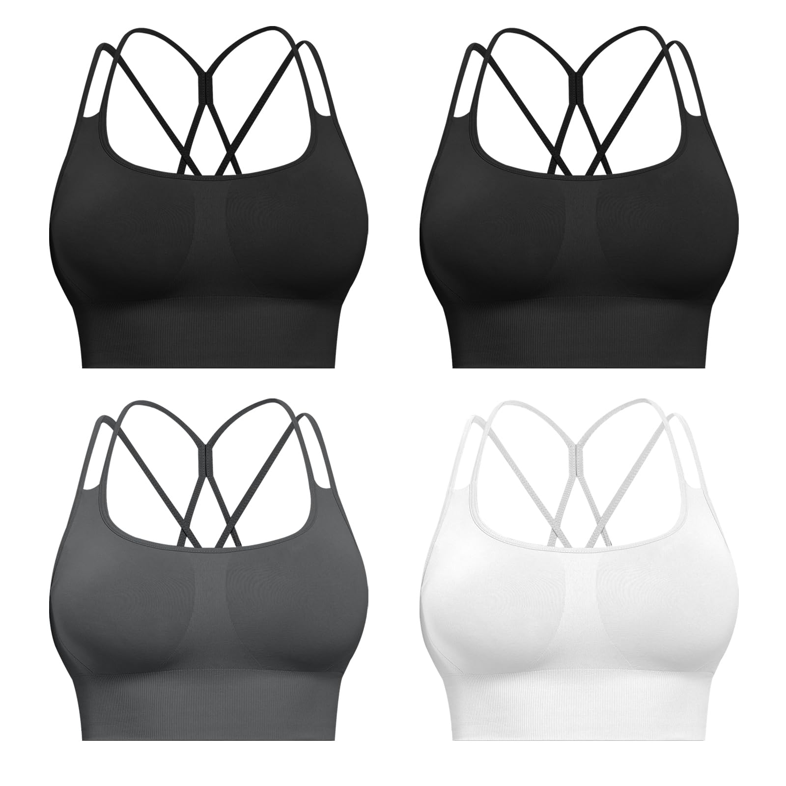 CHRLEISURE Sports Bras for Women, 4 Packs Padded High Support Workout Yoga Seamless Criss-Cross Racerback Bras
