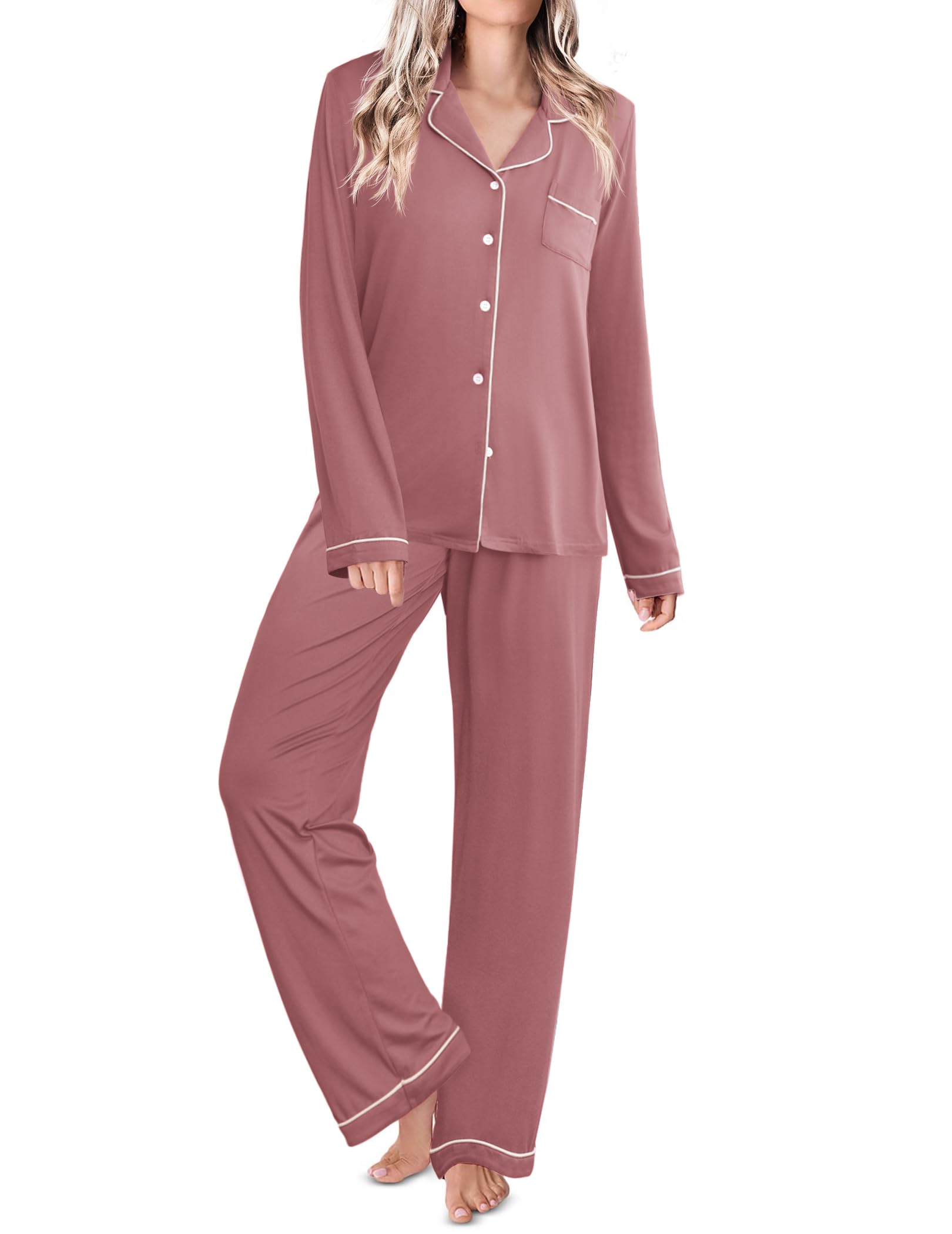 Ekouaer Womens Pajamas Set Classic Sleepwear Long Sleeve Button Up Pjs Sets