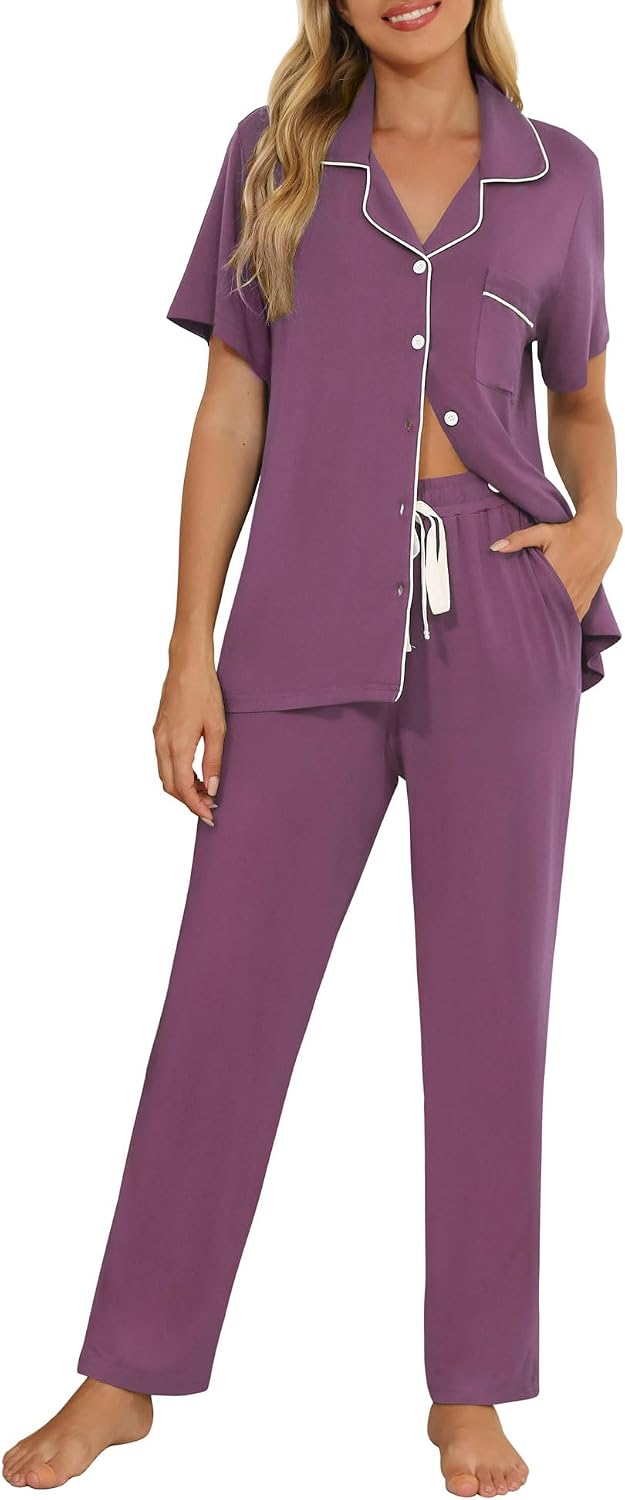 Senert Womens 2 Piece Pajamas Set Button Down Top and Pants Soft Sleepwear