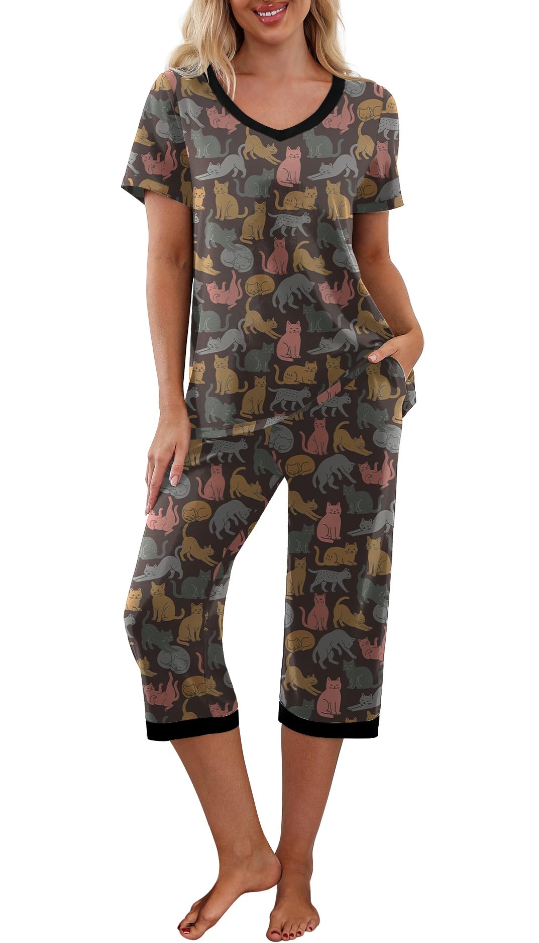 PrinStory Womens Pajama Sets Capri Pjs Soft Lounge Sets S-4XL