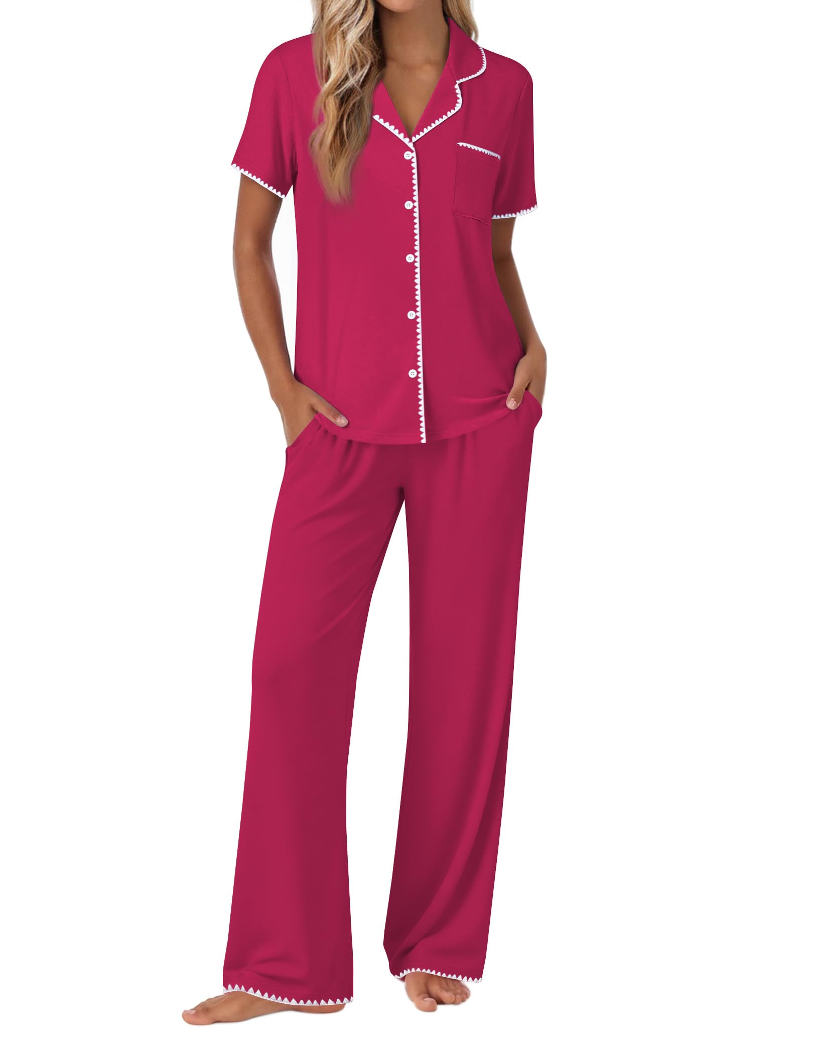Ekouaer Pajamas for Women Set Button Up Soft Pjs Short Sleeve Lounge Sets
