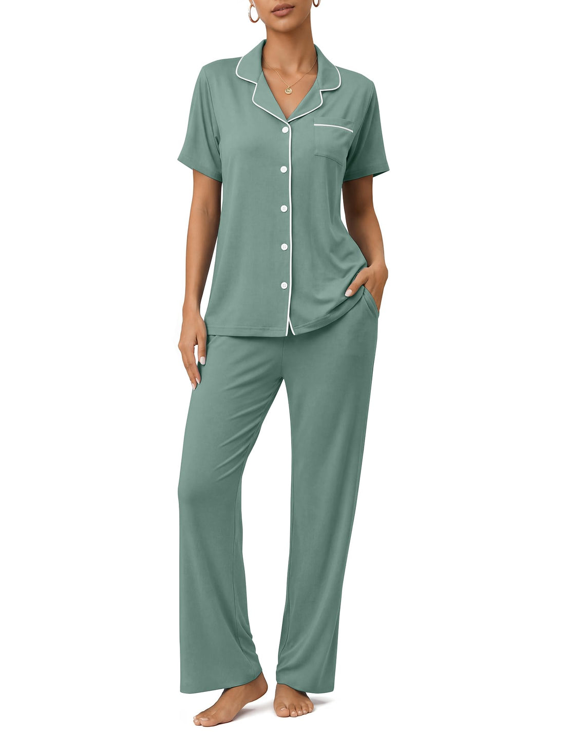 Womens Pajamas Sets 2 Piece Button Up Pj Sets Short Sleeve with Long Pant