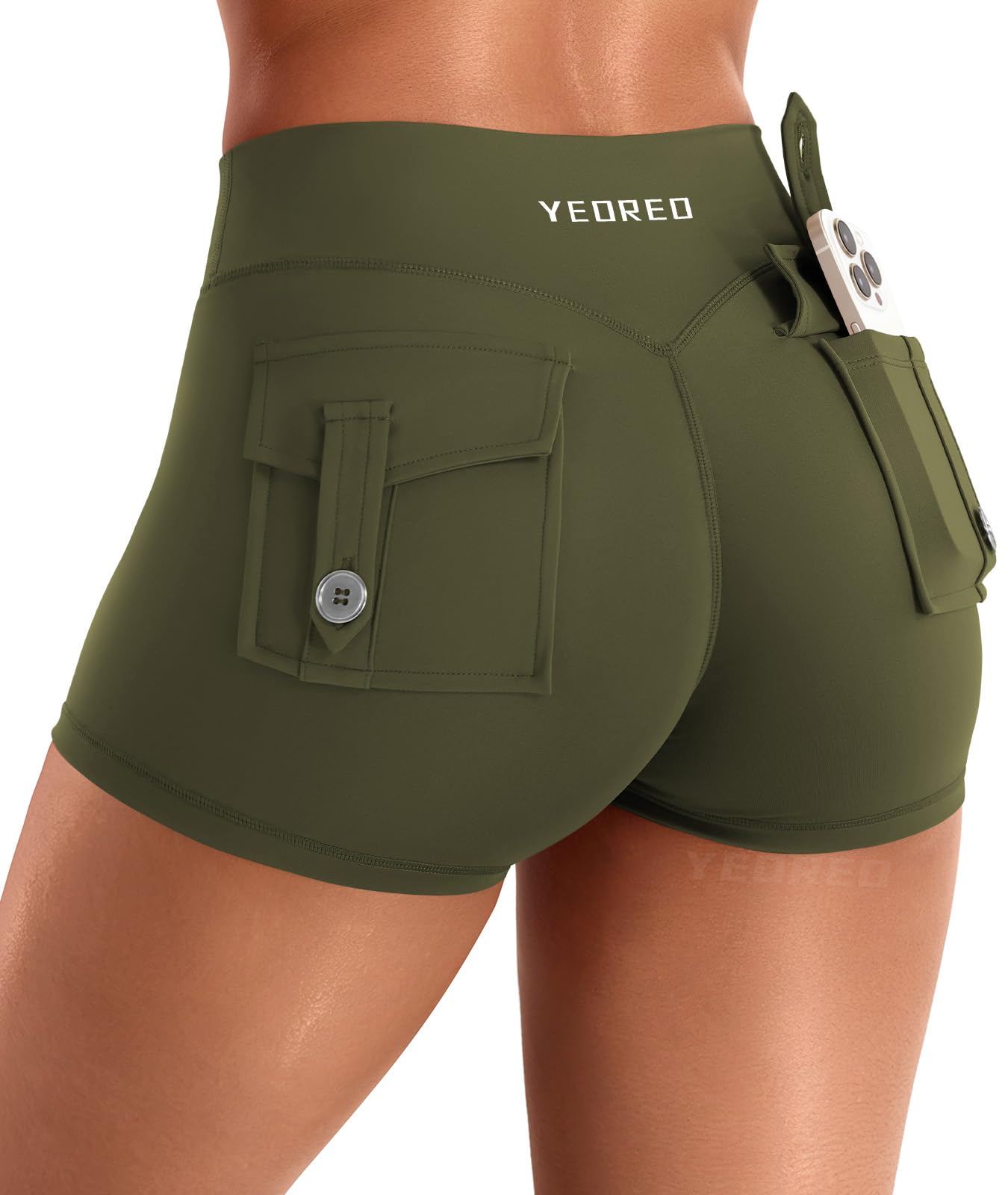 YEOREO CoreFlex Women Workout Shorts Low Rise Hidden Scrunch Butt Lifting Cargo Pockets 2.5" Shorts