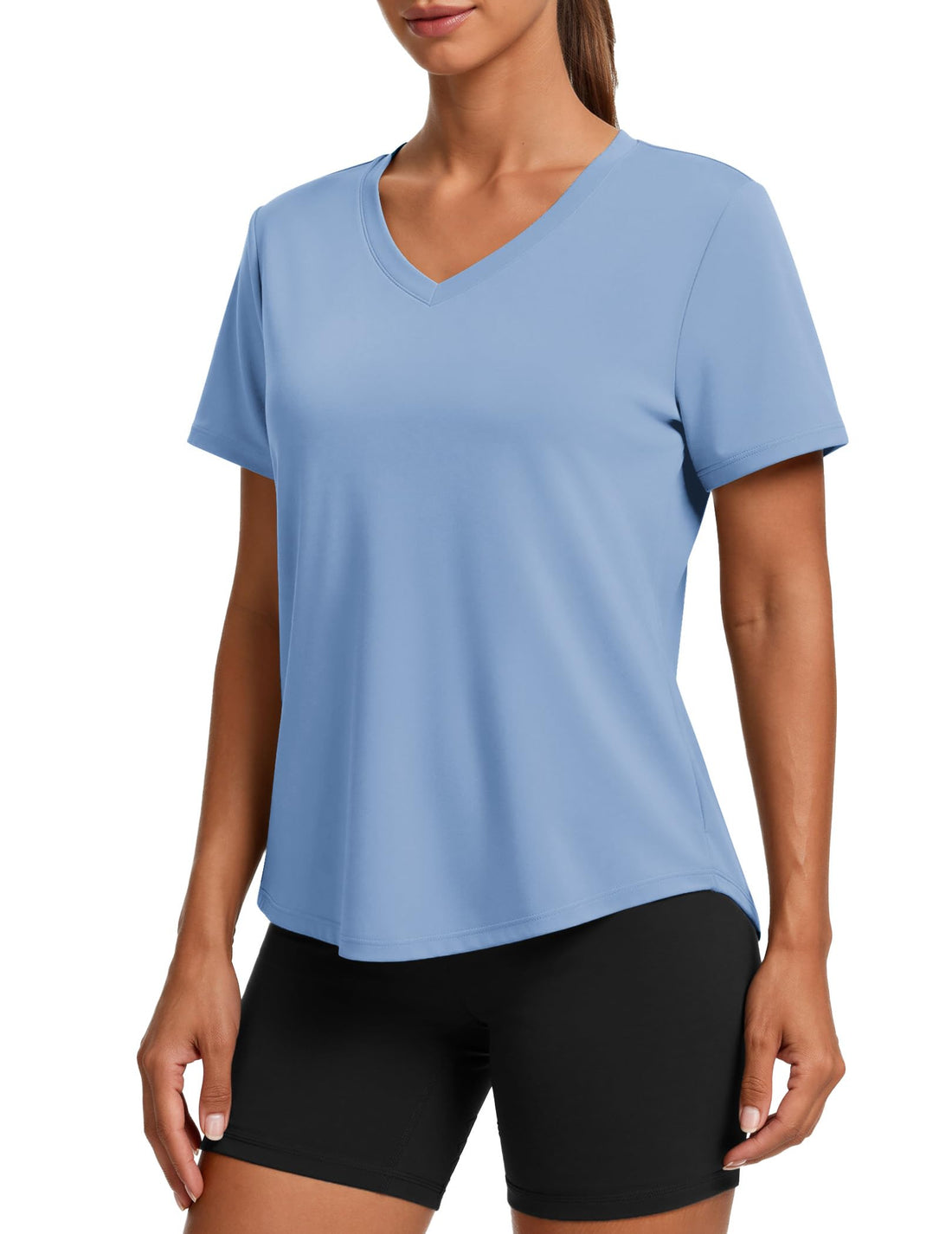 PINSPARK Soft Workout Tops for Women Short Sleeve V Neck Moisture Wicking UPF 50+ Sun Protection Quick Dry Gym Shirts