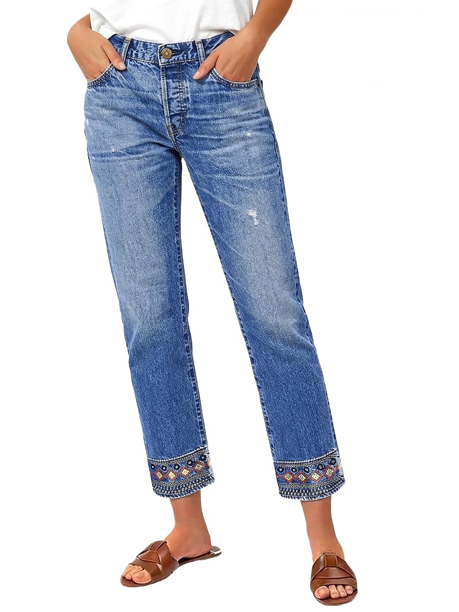Flamingals Straight Leg Cropped Jeans for Women Trendy Mid Rise Stretchy Tribal Embroidery Raw Hem Ankle Jeans