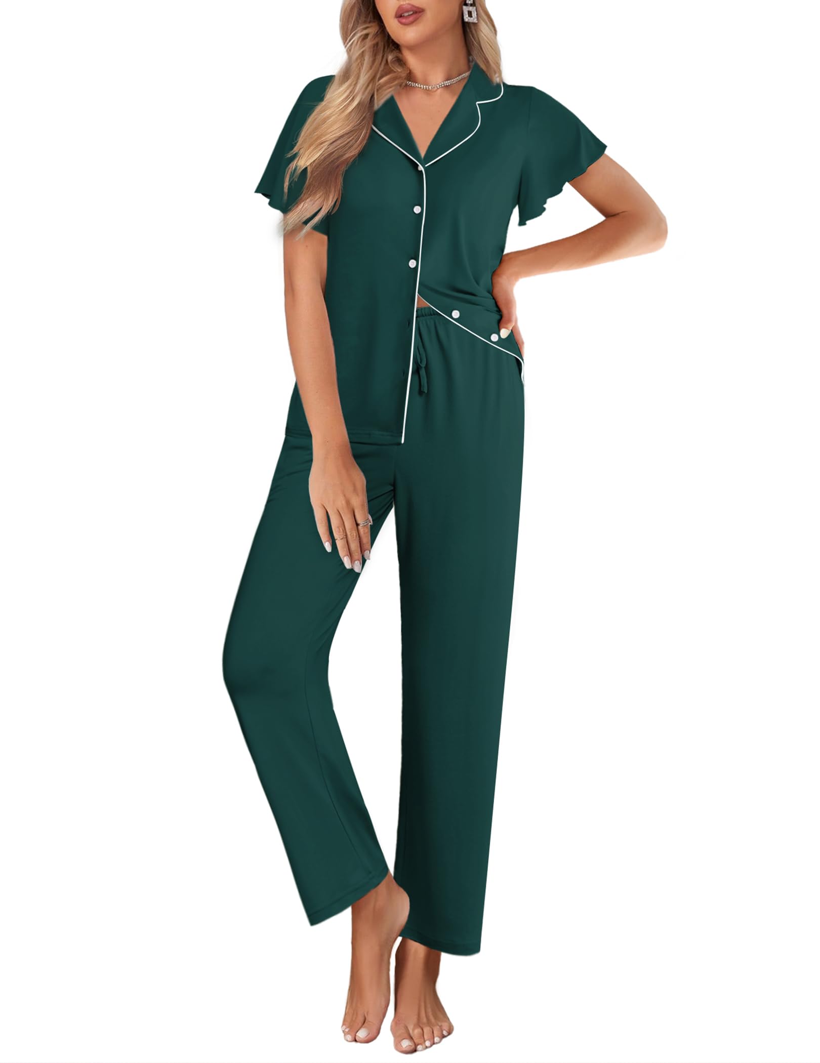 Ekouaer Pajamas for Women Set Ruffle Sleeve Button Up with Long Pants