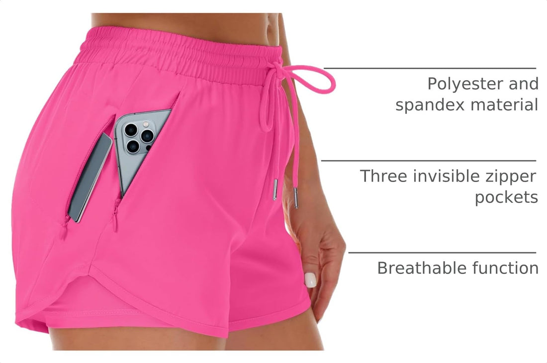 Mancreda Women's Running Shorts with Liner 3 Zipper Pockets Elastic Workout Athletic Gym Yoga Shorts