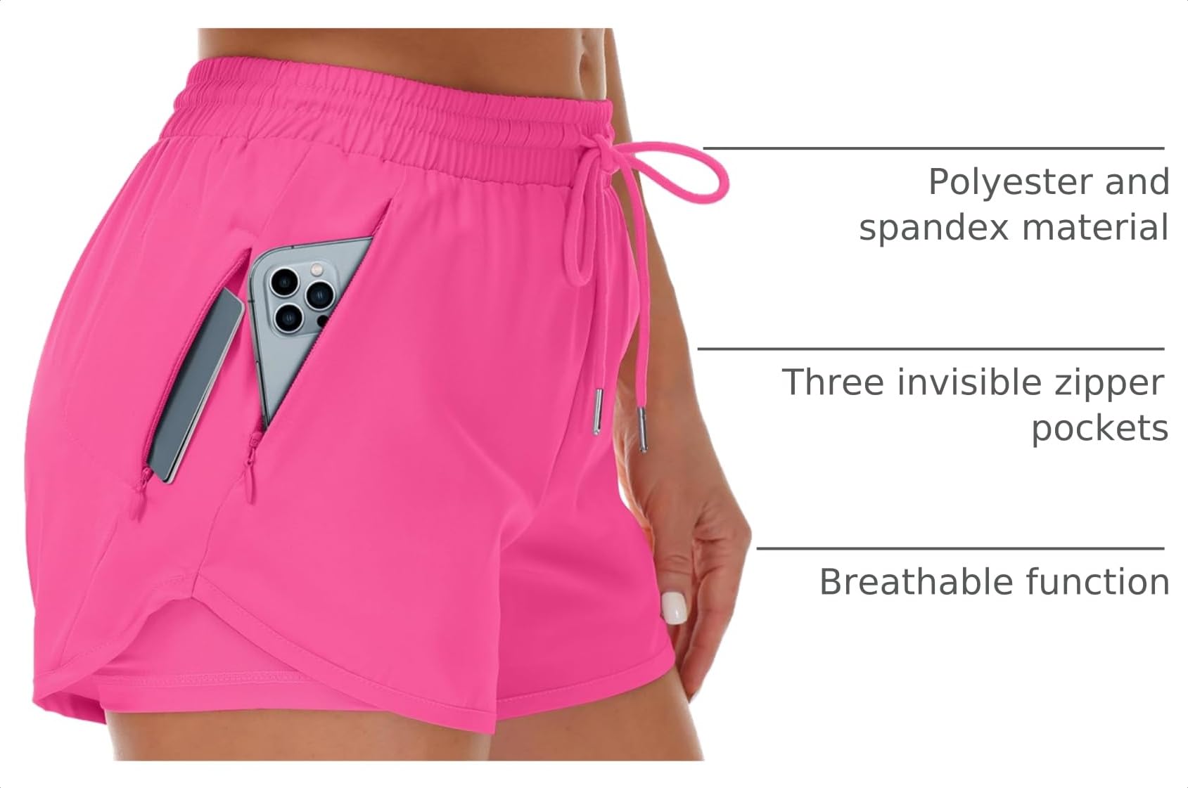 Mancreda Women's Running Shorts with Liner 3 Zipper Pockets Elastic Workout Athletic Gym Yoga Shorts