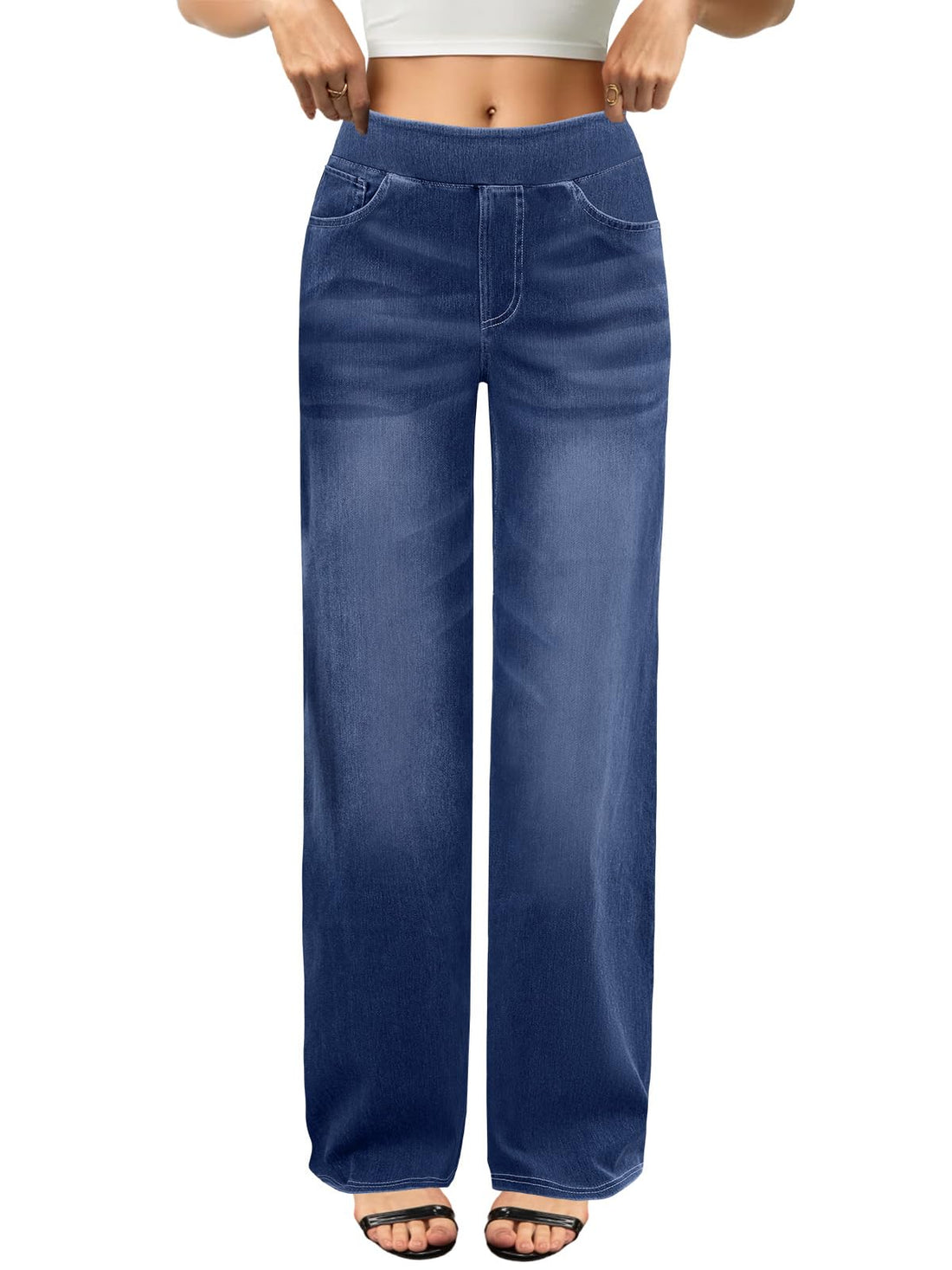 COPYLEAF Wide Leg Jeans Woman High Waisted Stretchy Baggy Sweatpant Jeans Pull On Straight Leg Loose Trendy Denim Pants