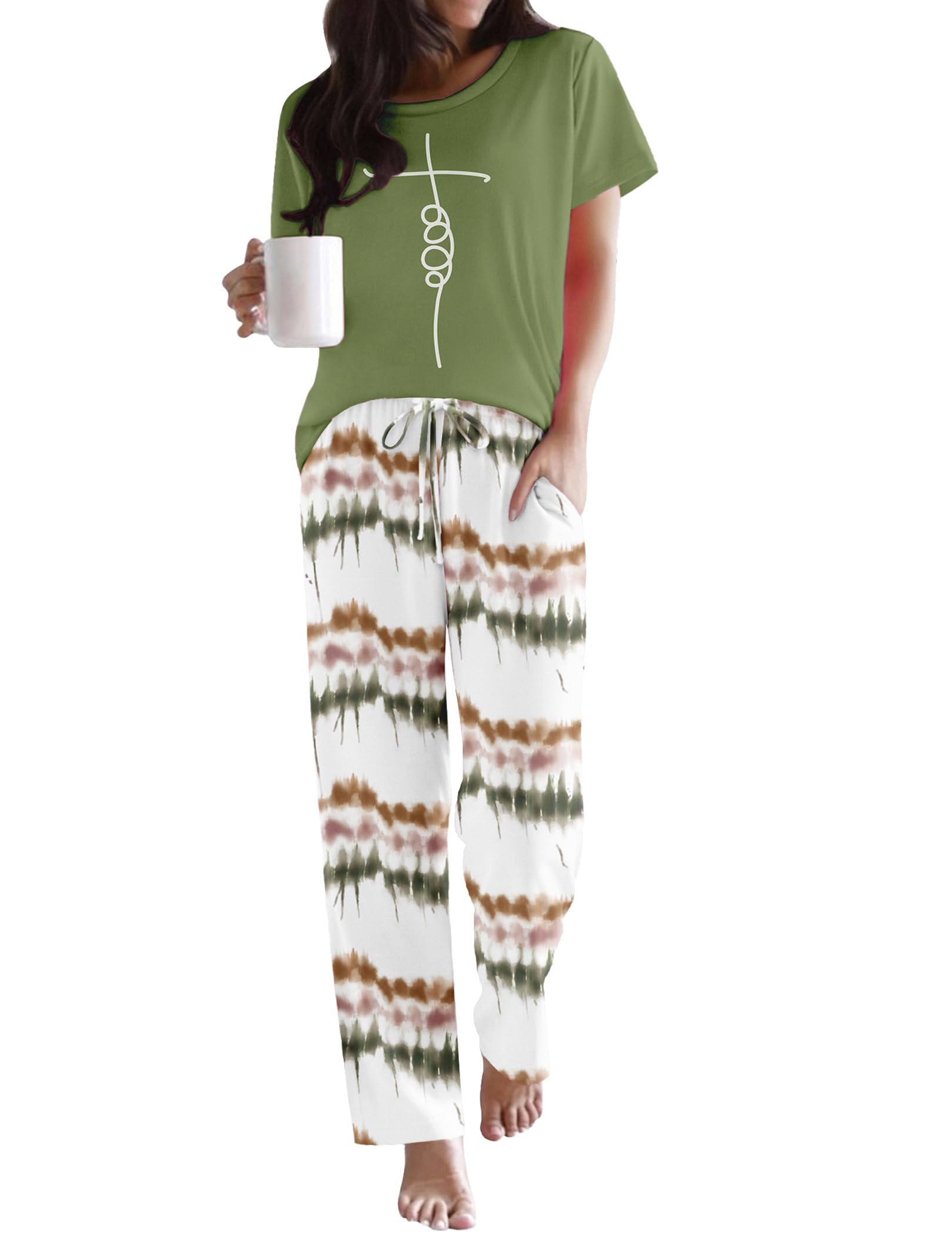 Ekouaer Womens Pajamas Sets Round Neck Pjs Loose Lounge Sets Sleepwear