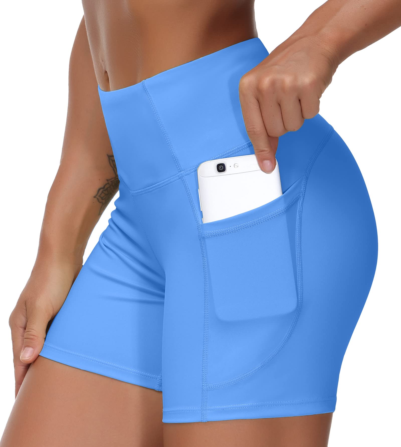 THE GYM PEOPLE High Waist Yoga Shorts for Women's Tummy Control Fitness Athletic Workout Running Shorts with Deep Pockets