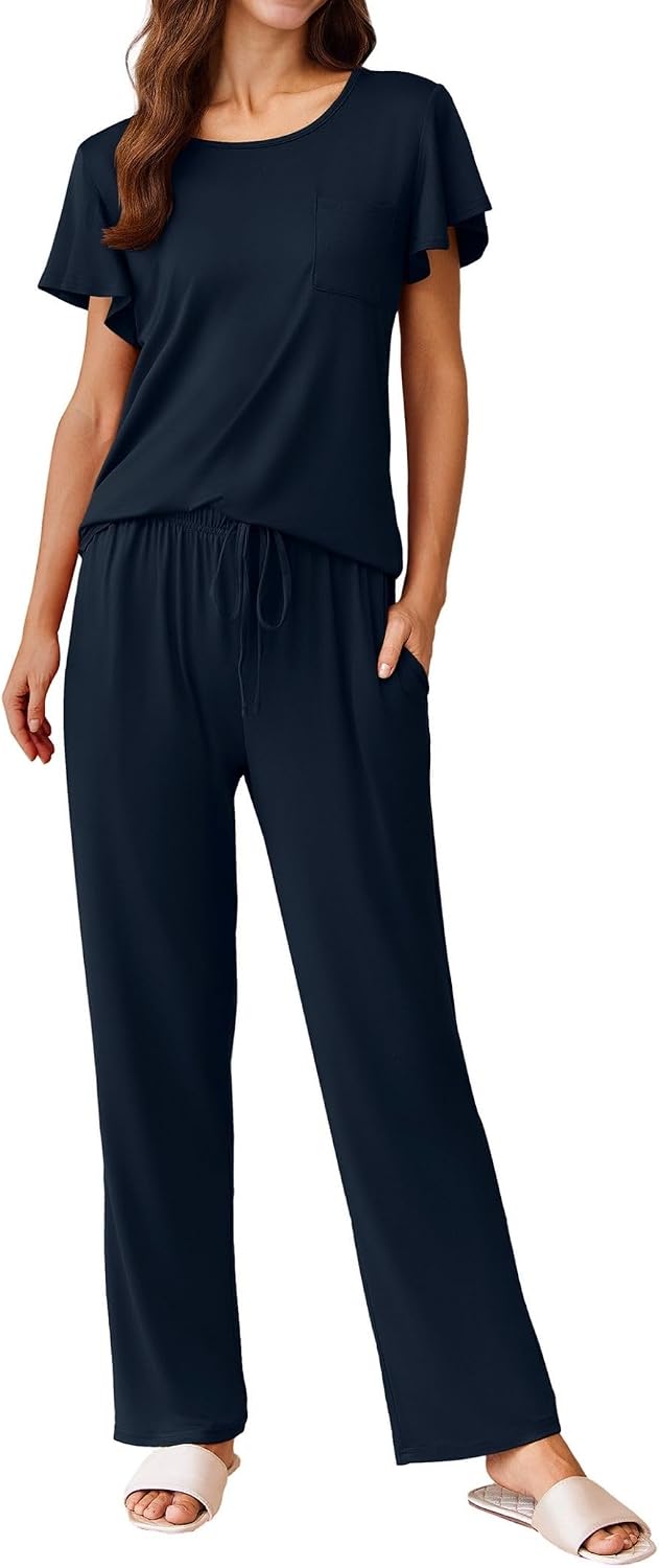 Ekouaer Pajamas for Women Set 2 Piece Comfy Loungewear, Lightweight Pjs Sleepwear, Short Sleeve Top & Long Pants with Pockets