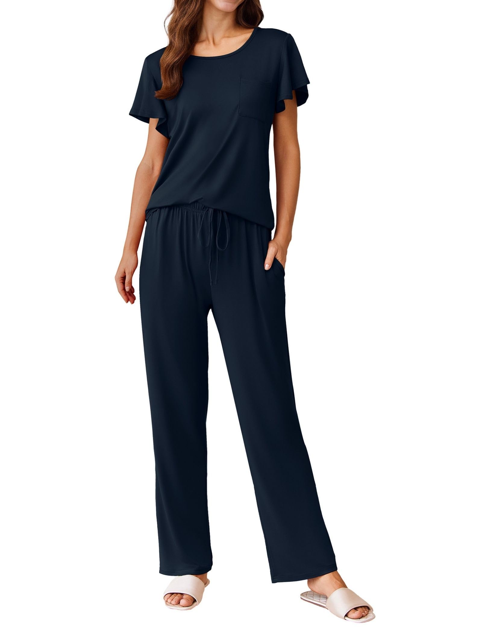 Ekouaer Pajamas for Women Set 2 Piece Comfy Loungewear, Lightweight Pjs Sleepwear, Short Sleeve Top & Long Pants with Pockets