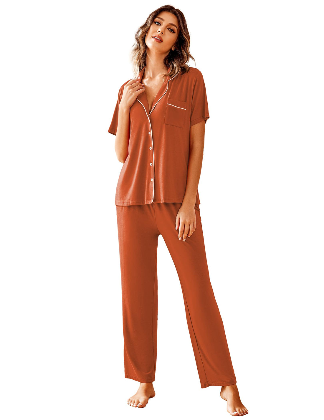 Avidlove Women Pajamas Set Notch Collar Soft Sleepwear Pjs Short Sleeve Button Down Nightwear with Long Pants