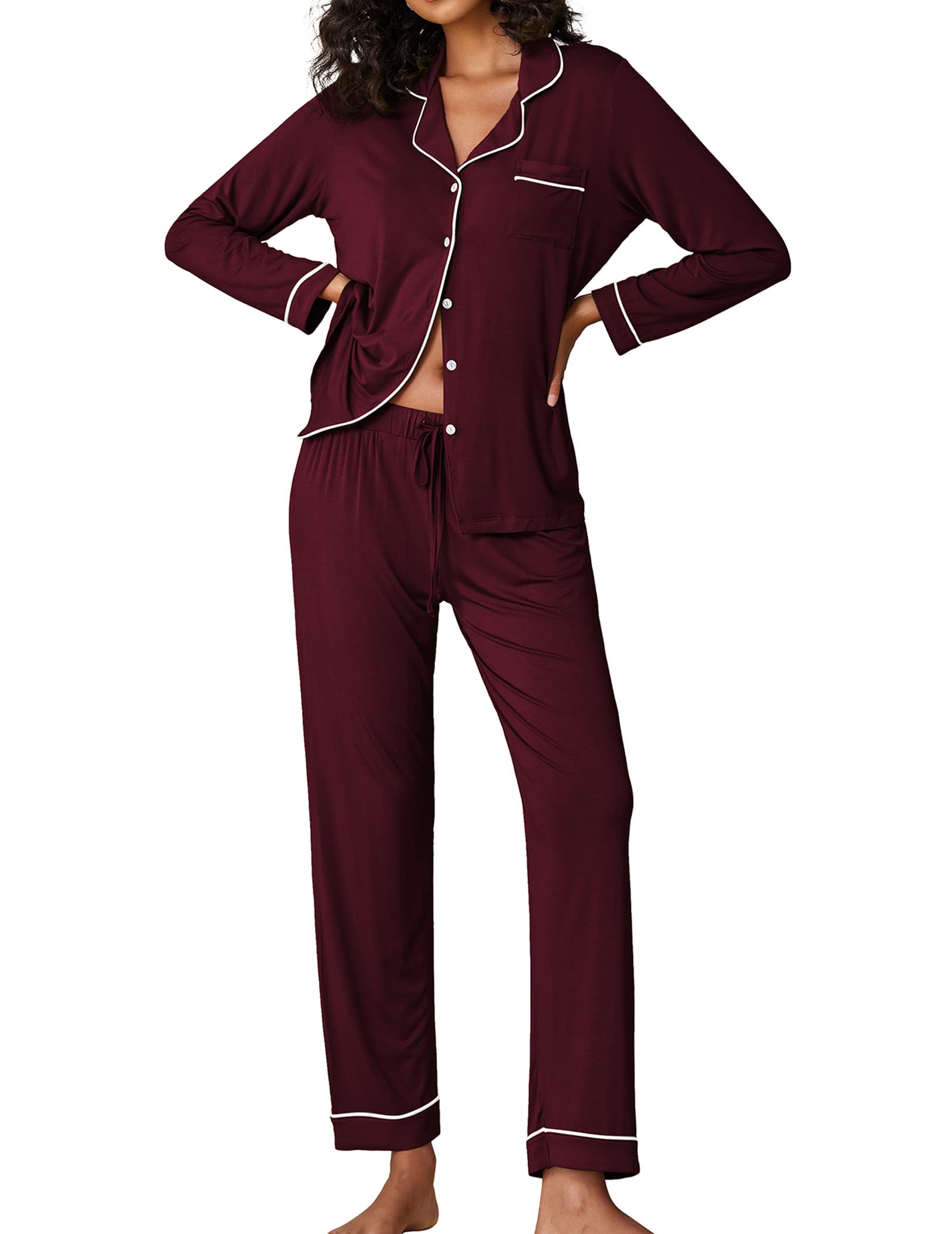 Ekouaer Women's Classic Long Sleeve Button Down Pajama Set