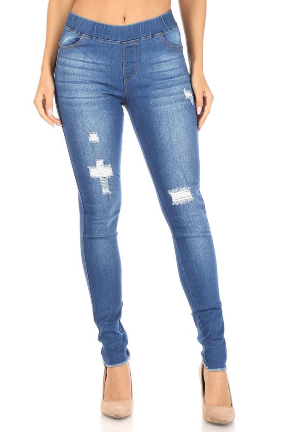 Jvini Women’s Stretch Denim Pull On Jeans with Pockets – Ripped Distressed Elastic Waist Jeggings Skinny Denim Pants