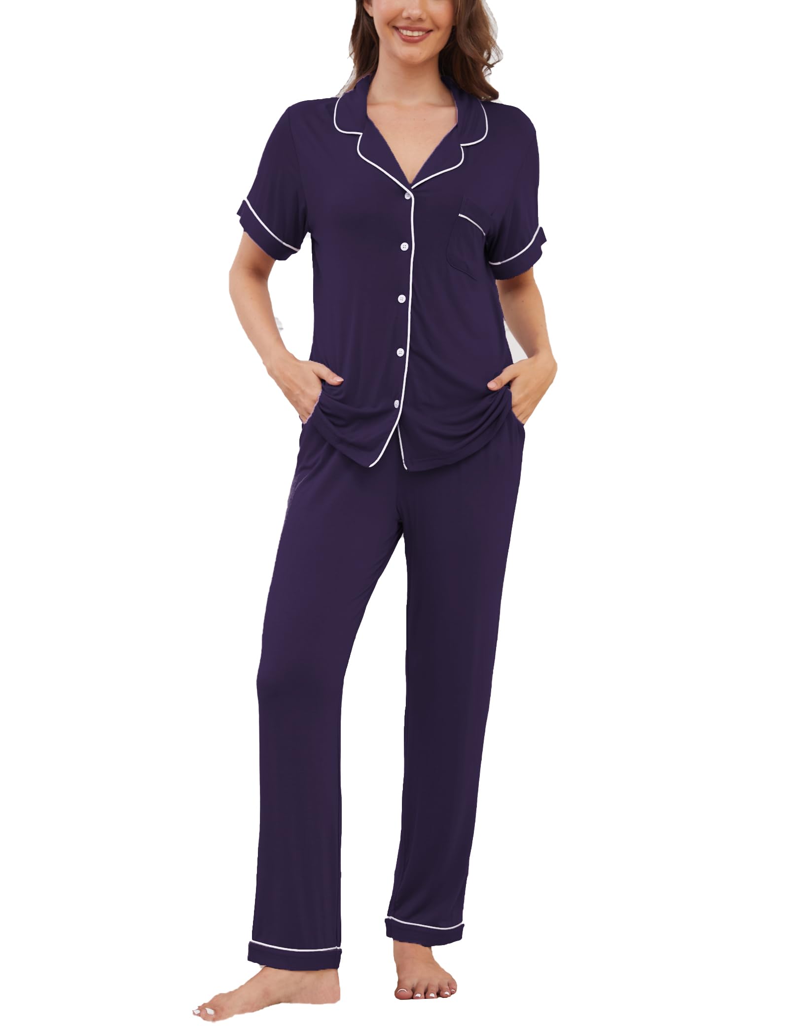 Womens Pajama Set Soft Pjs Short Sleeve Sleepwear with Long Pants 2 Piece Lounge Sets S-XXL