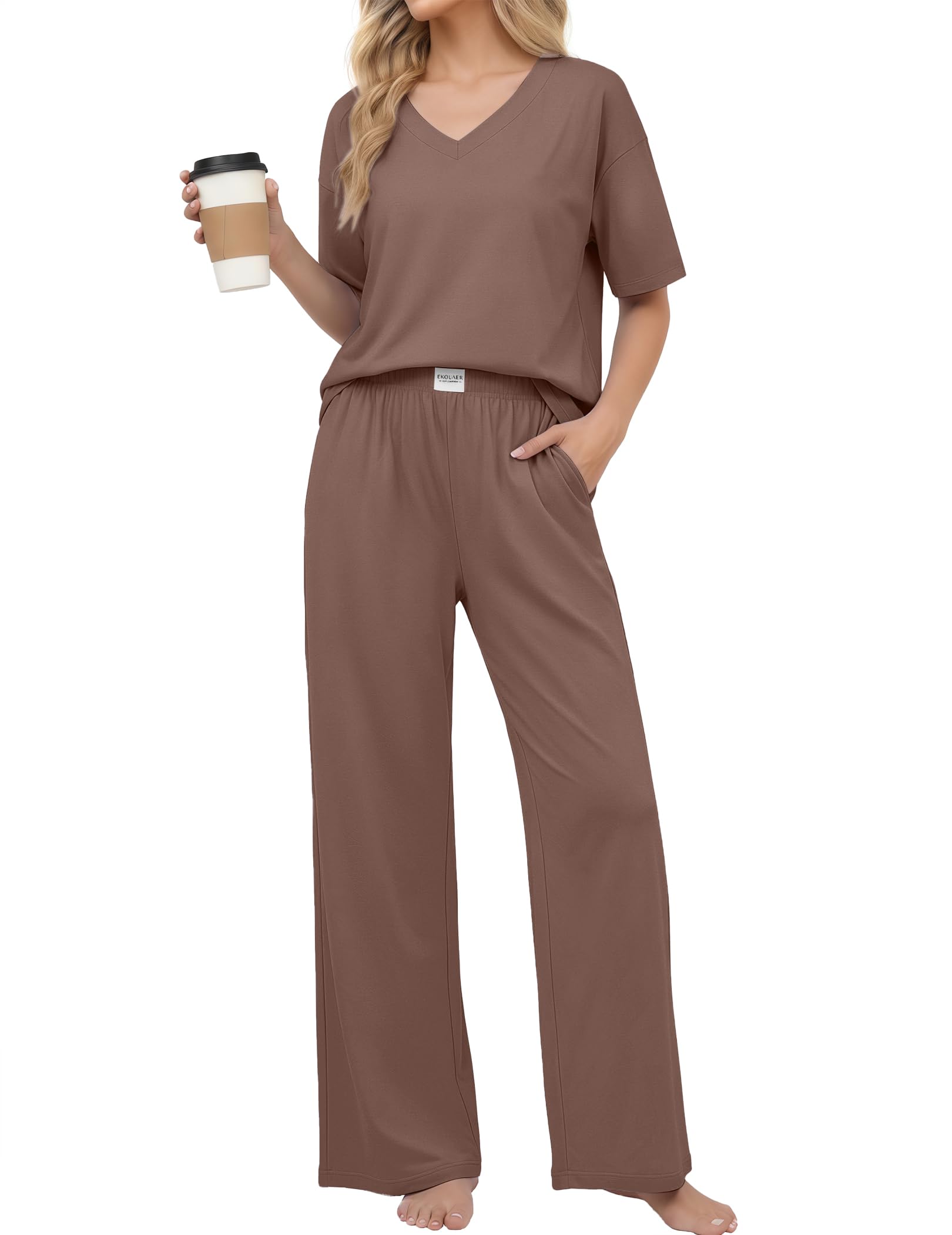 Ekouaer Womens Pajama Sets Cotton Short Sleeve Long Pants Lounge Set