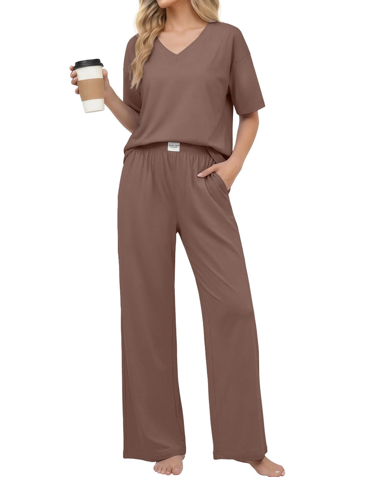 Ekouaer Womens Pajama Sets Cotton Short Sleeve Long Pants Lounge Set
