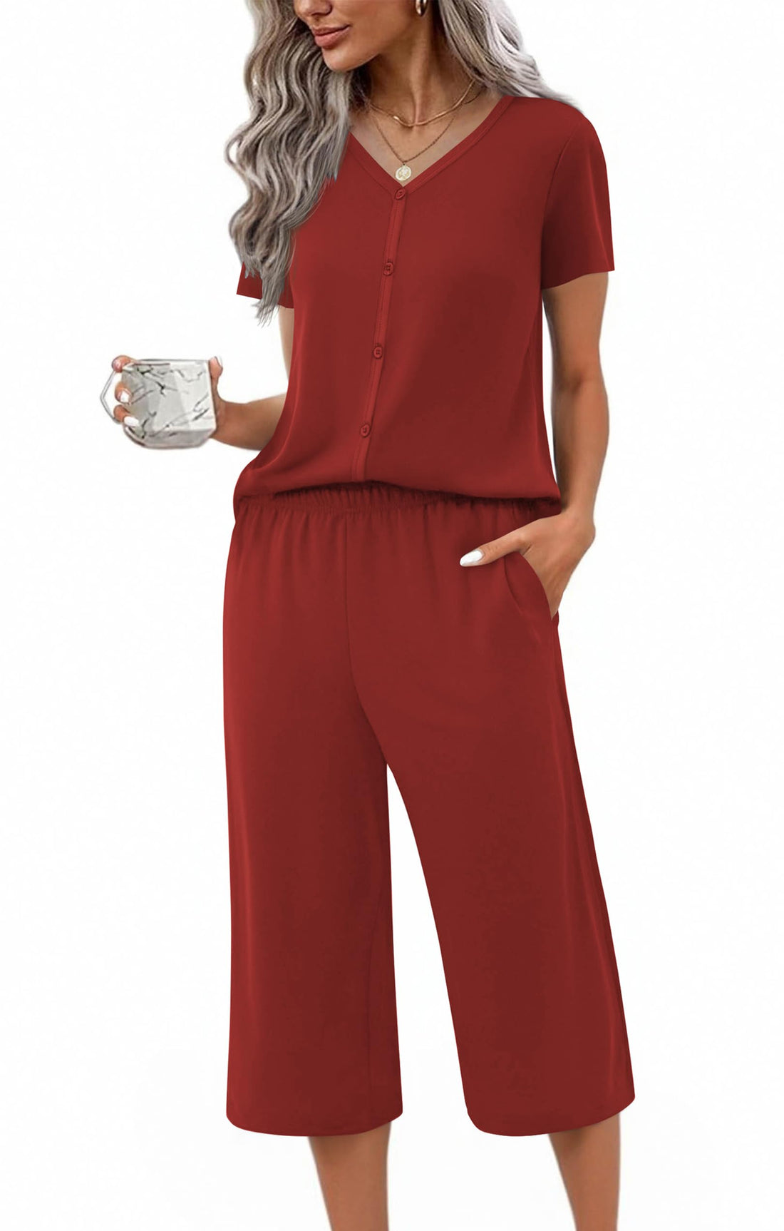 Ekouaer Women's Pajama Sets Short Sleeve Sleepwear Button Up Pj Loungewear Top and Capri Pants with Pockets