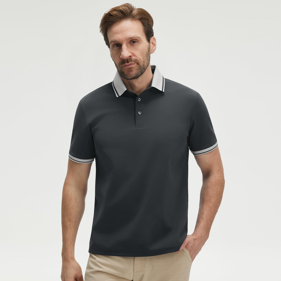 M MAELREG Golf Shirts for Men Short Sleeve with Contrast Collar & Cuffs Performance Dry Fit Stretch Solid Casual Polo Shirts