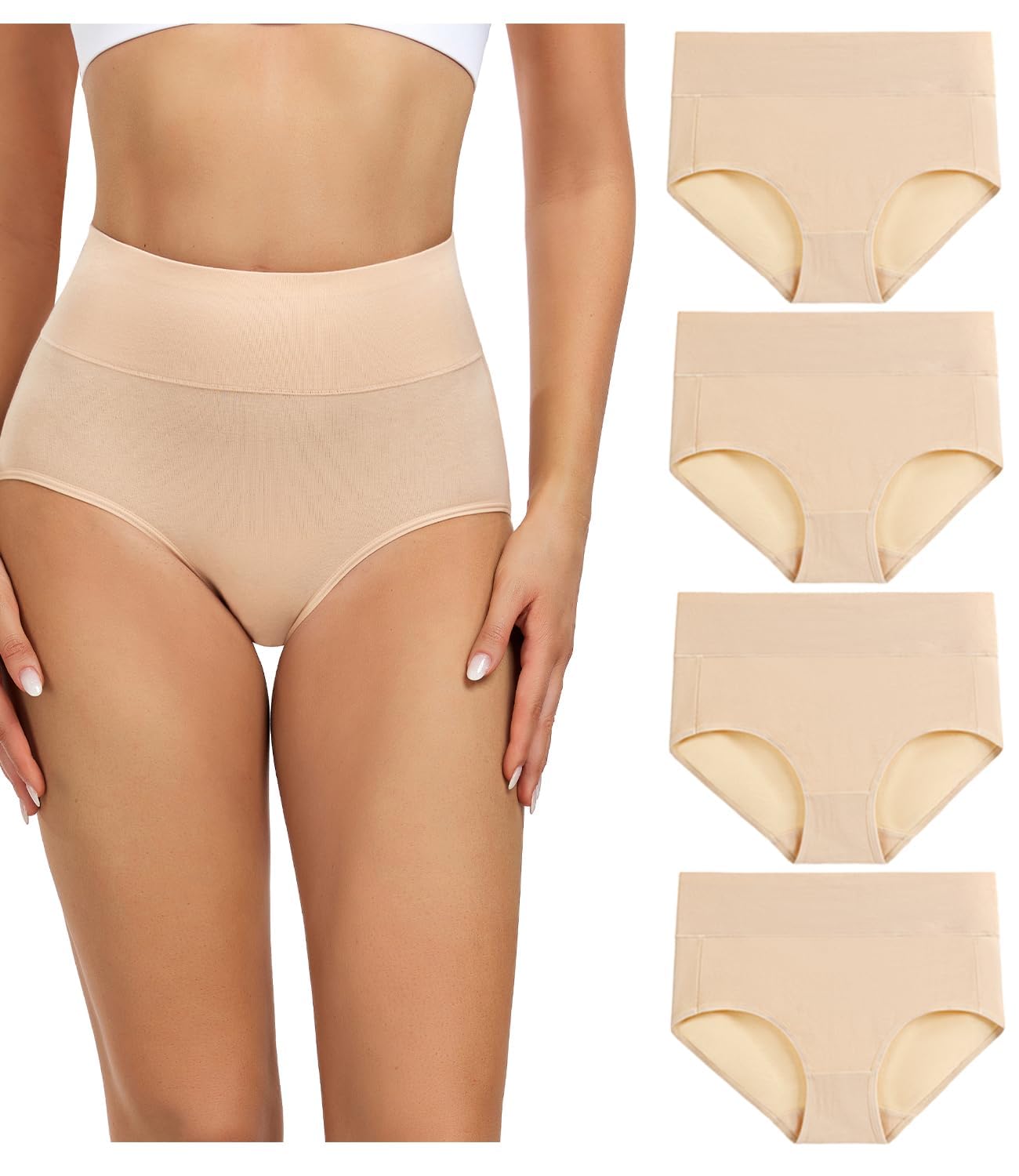 wirarpa Women's Cotton Underwear High Waisted Ladies Panties Full Coverage Briefs 4 Pack (Regular & Plus Size)