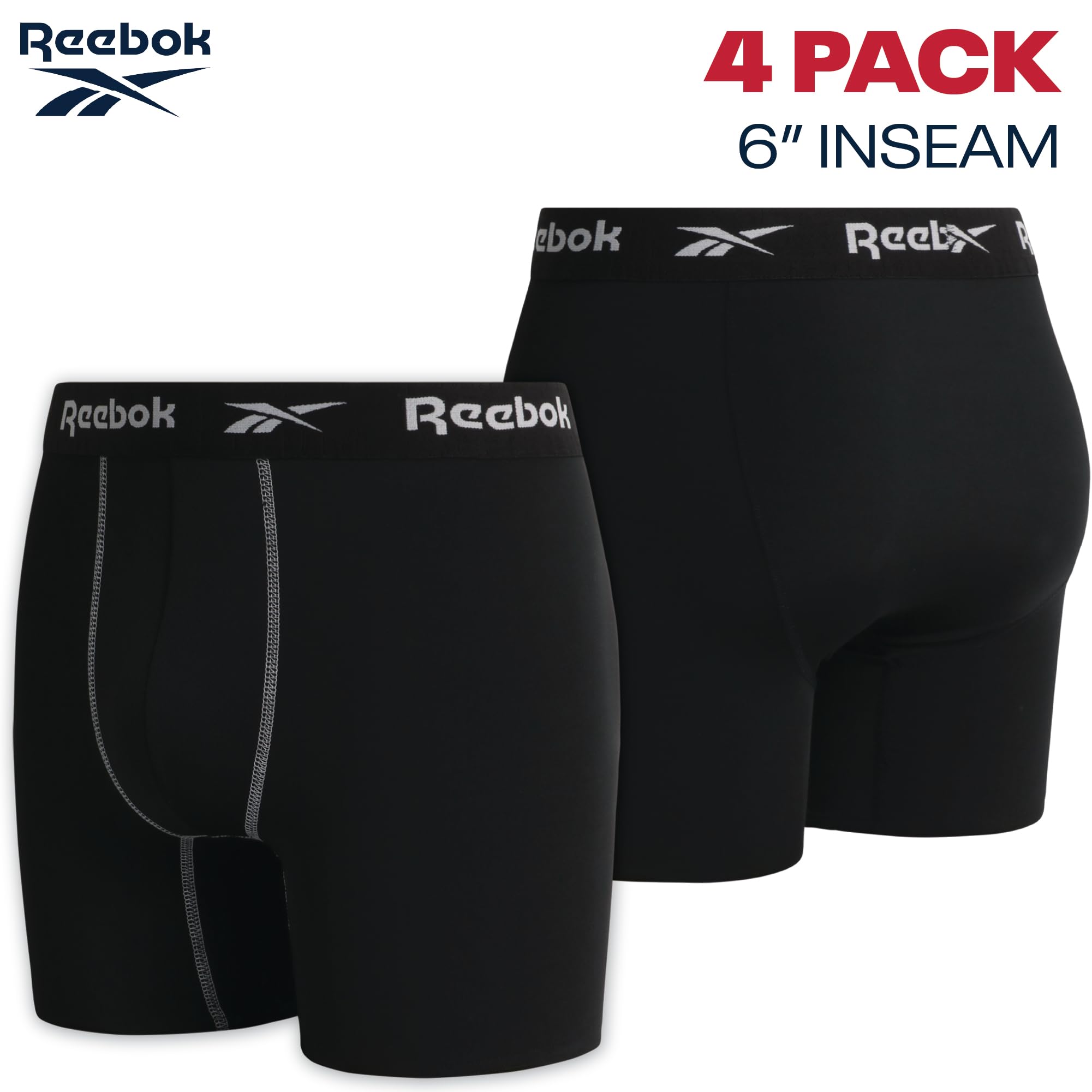 Reebok Mens Boxer Briefs - 4 Pack Underwear with Contour Pouch, 6'' Inseam | Athletic Stretch Performance Moisture-Wicking Fabric, No Fly Pouch, Tag-Free Waistband