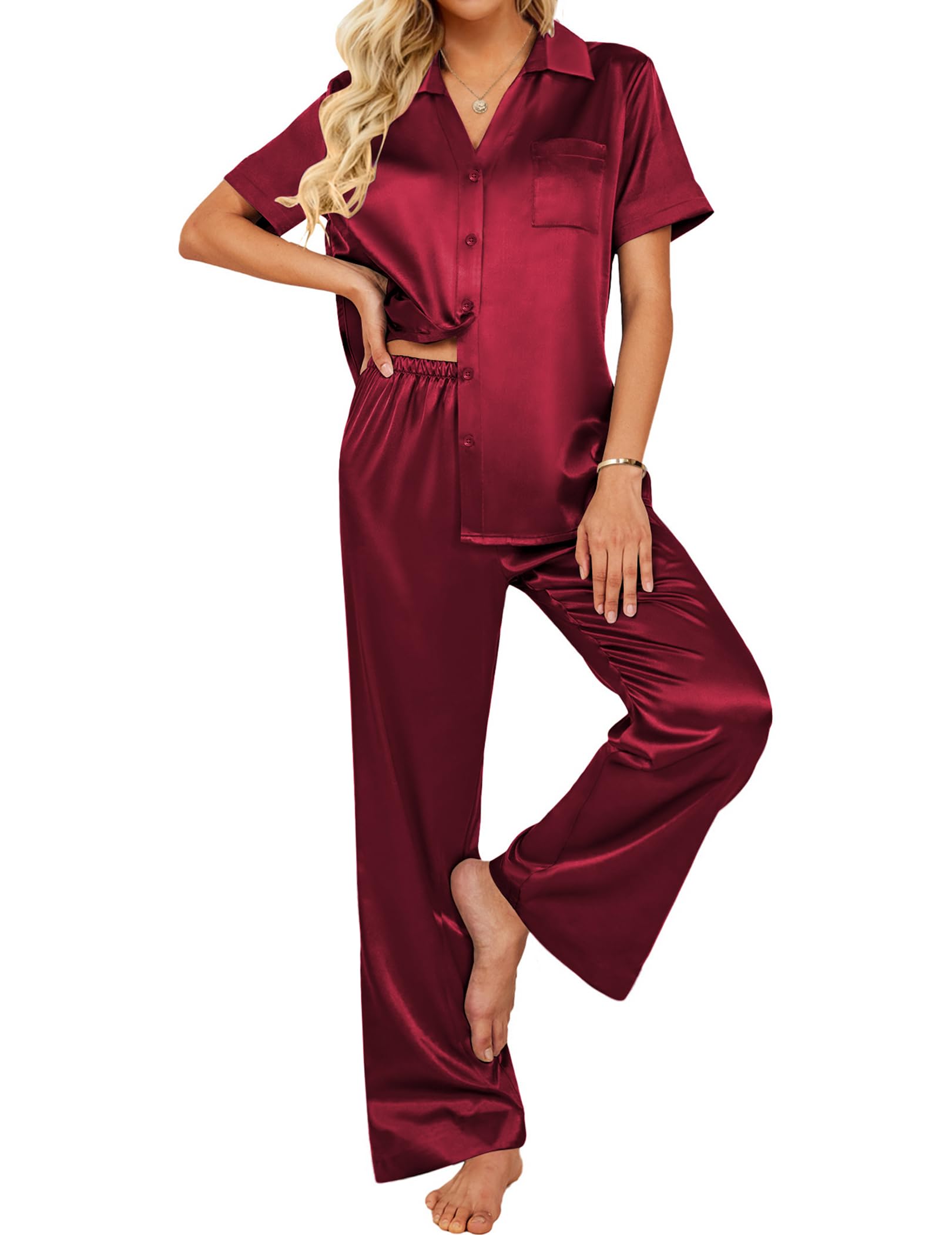 Ekouaer Silk Pajamas for Womens Set 2 Piece Fall Pjs Button Down Sleepwear